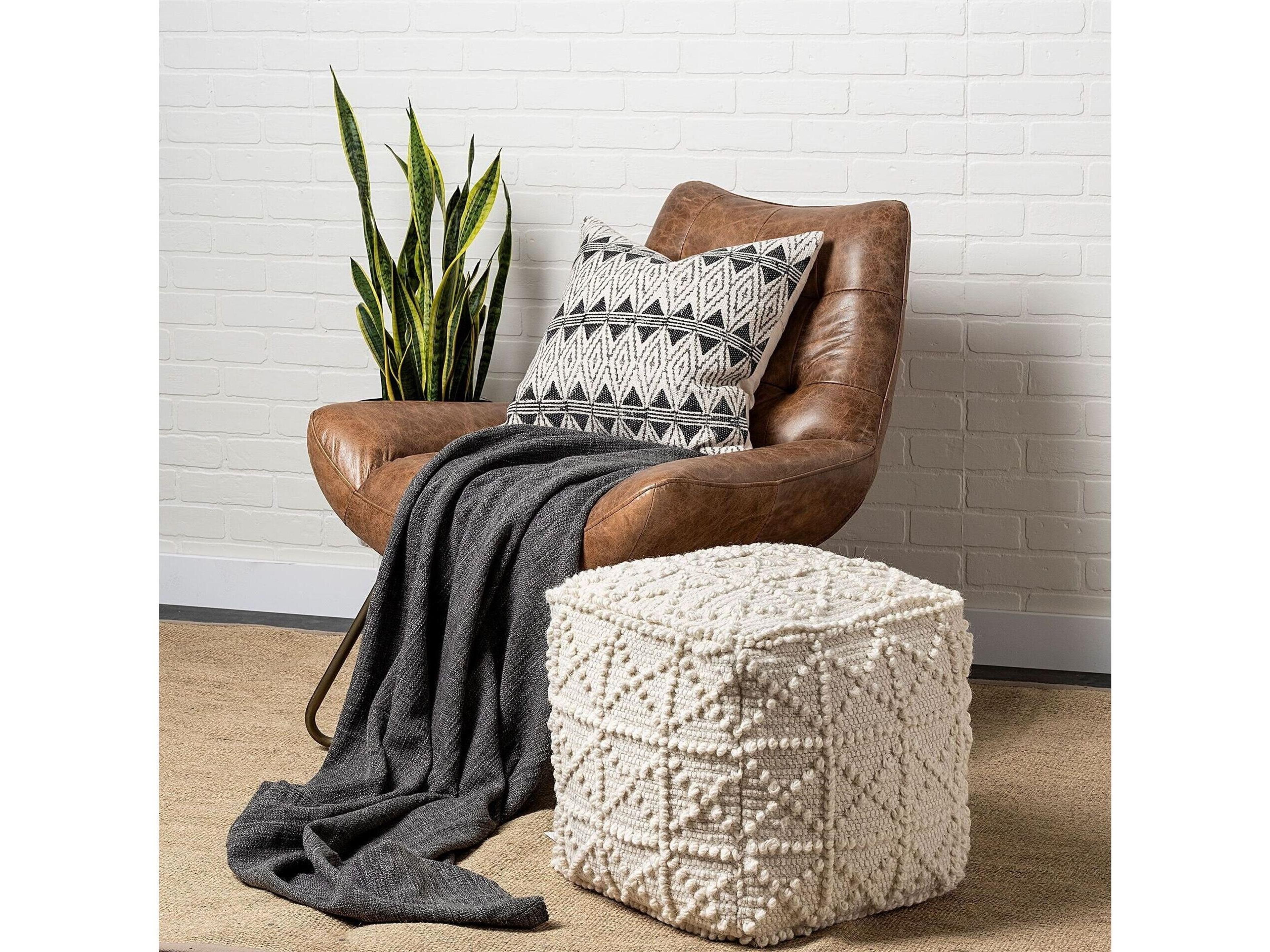 Mercana Leroy Square Cream Wool Pouf w/ Popcorn Detail