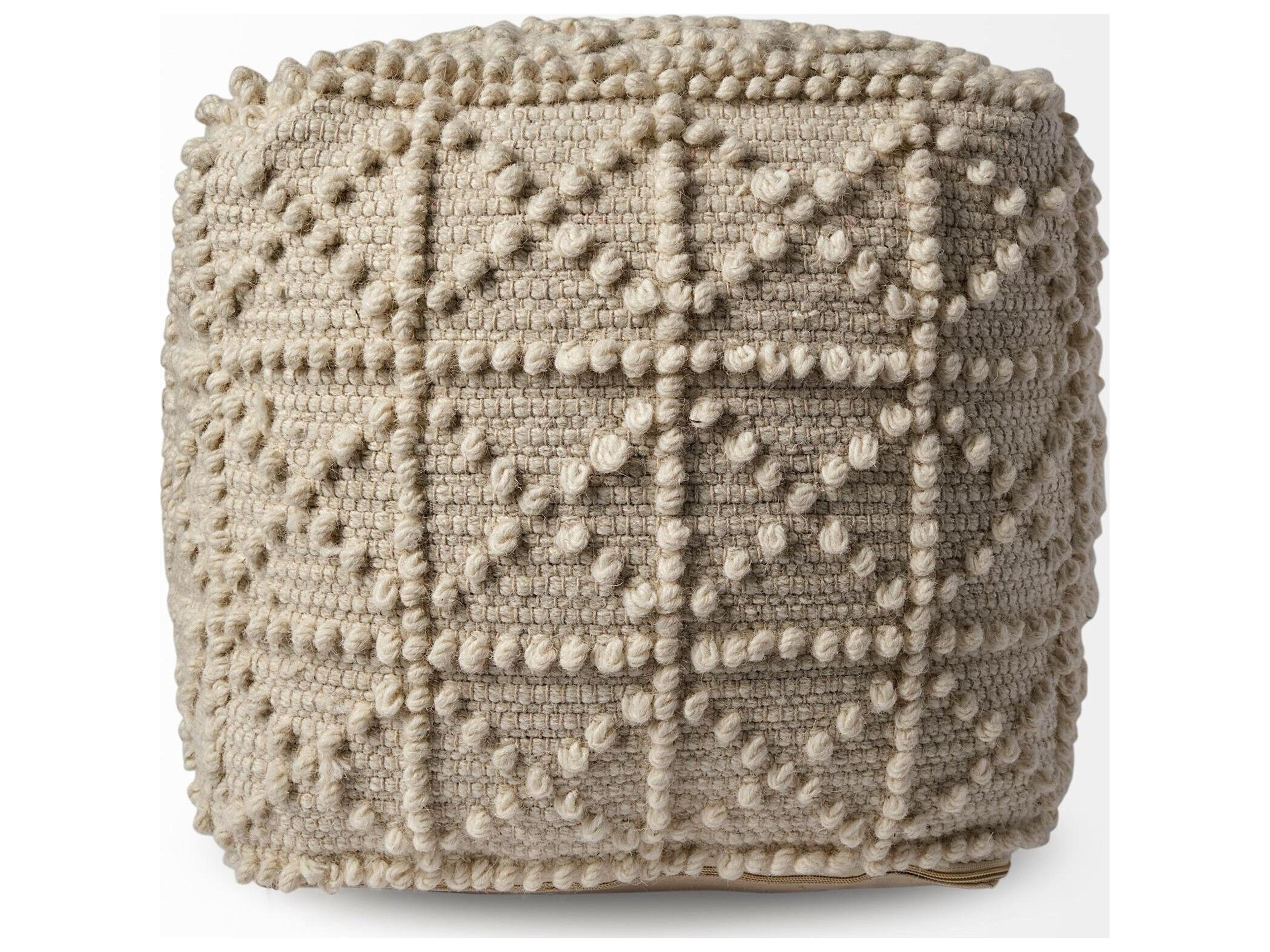Mercana Leroy Square Cream Wool Pouf w/ Popcorn Detail