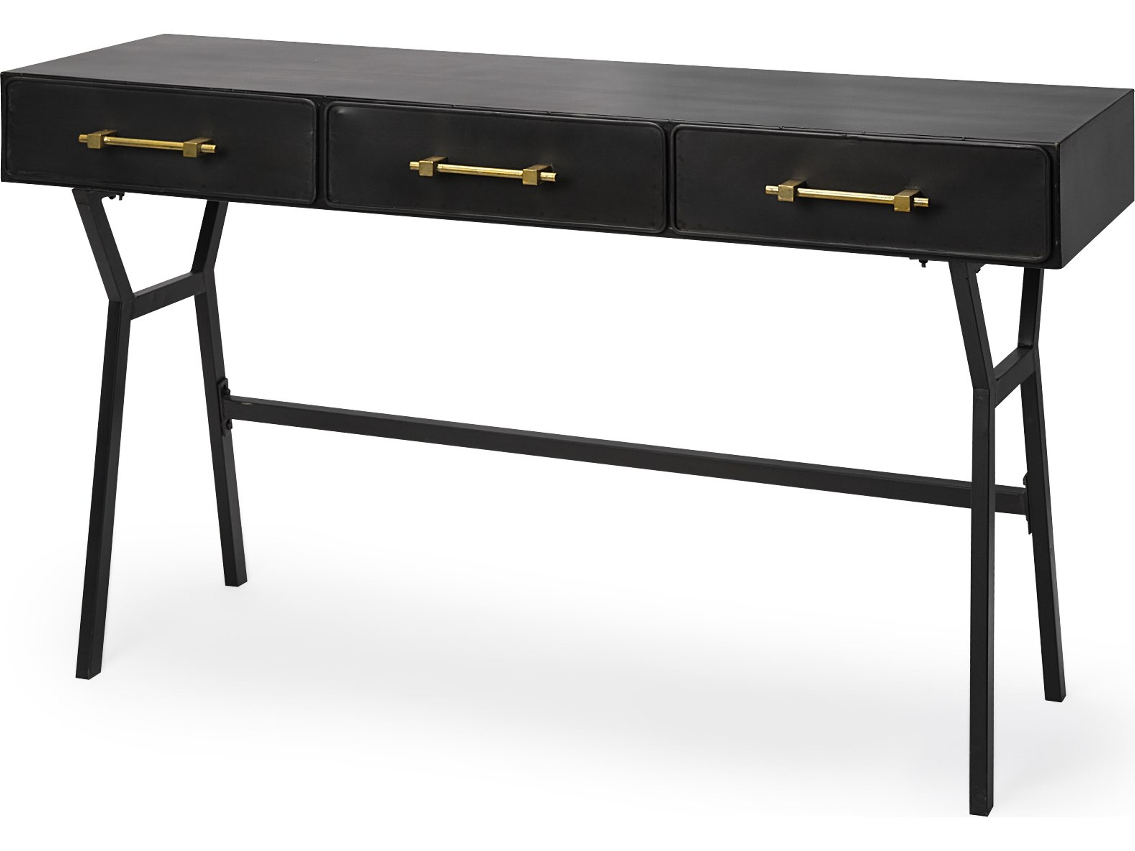 Mercana Vince 51L x 18W Black Metal W/Gold Accents 3 Drawer Office Desk