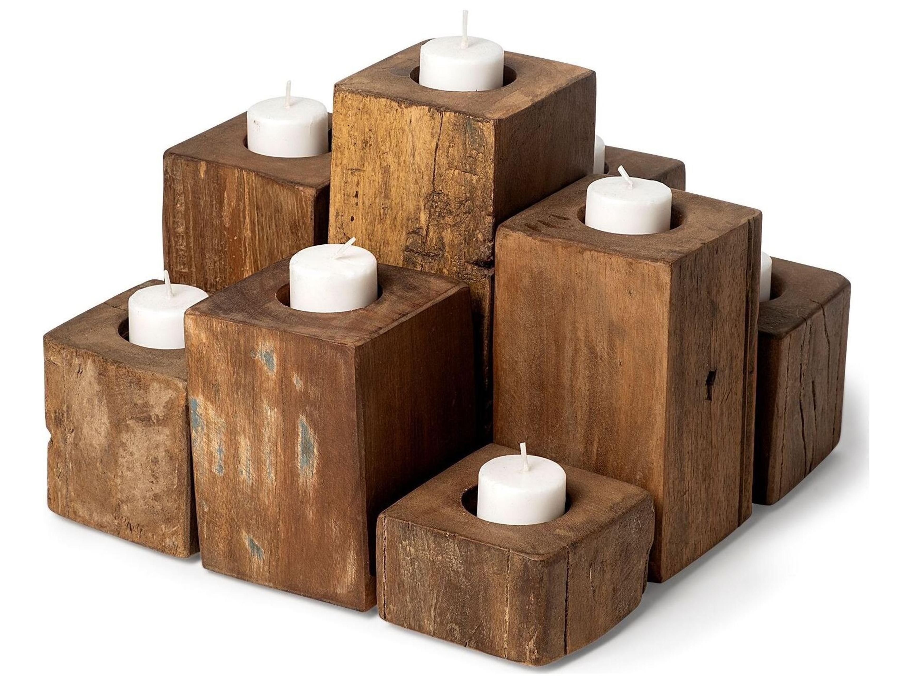 Mercana Cassius Light Brown Nine Wood Block Table Candle Holder