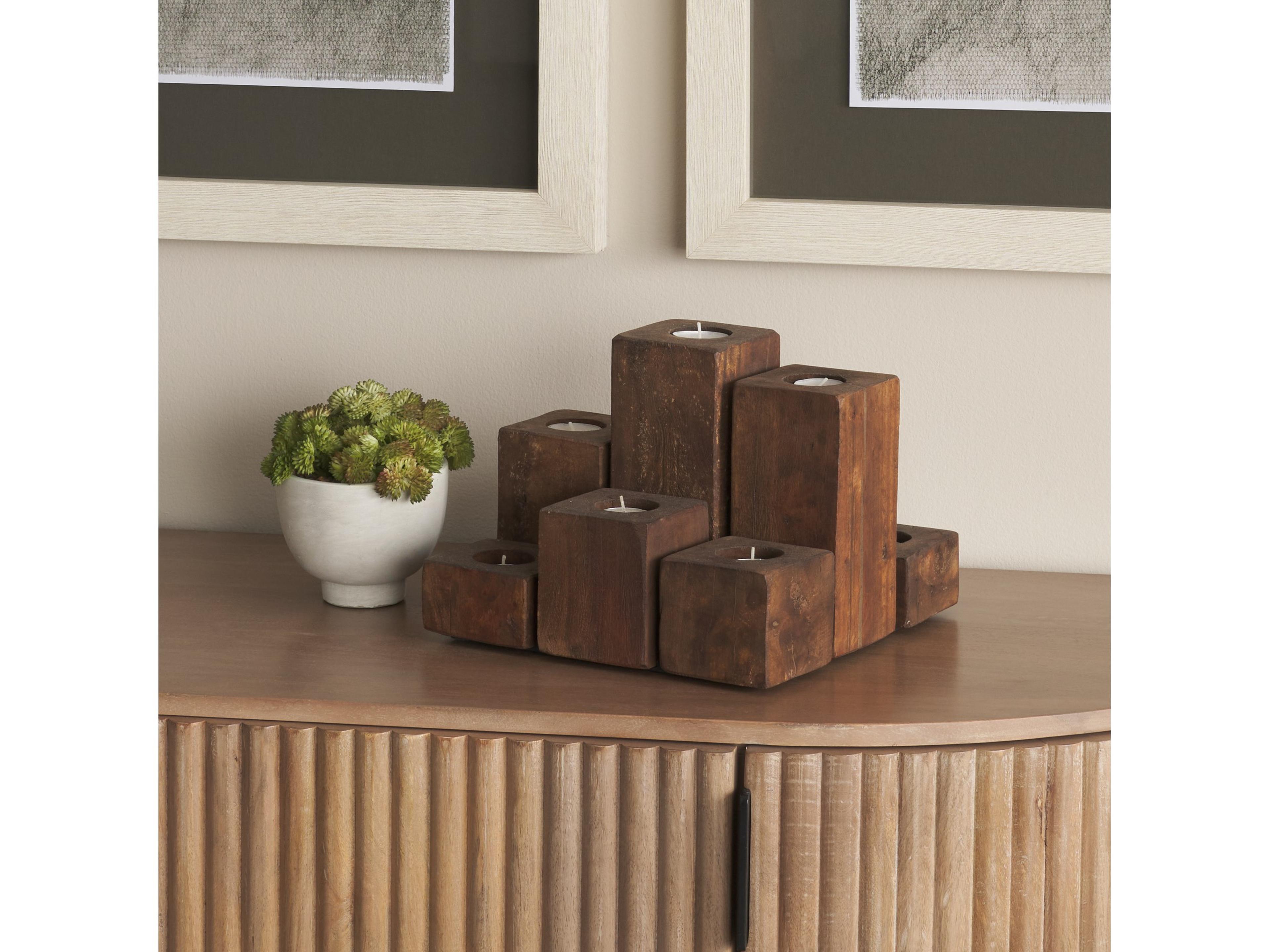 Mercana Cassius Light Brown Nine Wood Block Table Candle Holder