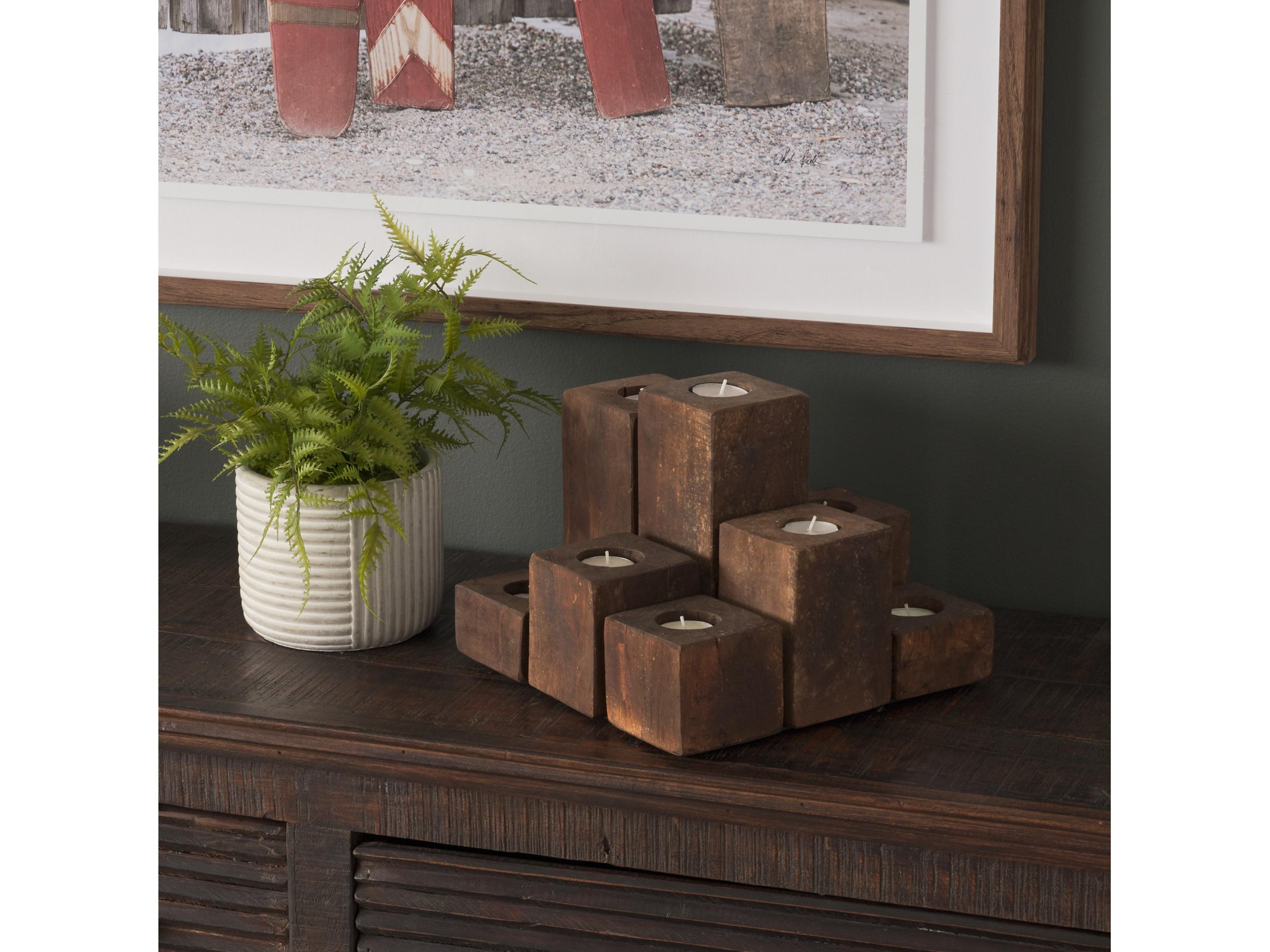 Mercana Cassius Light Brown Nine Wood Block Table Candle Holder