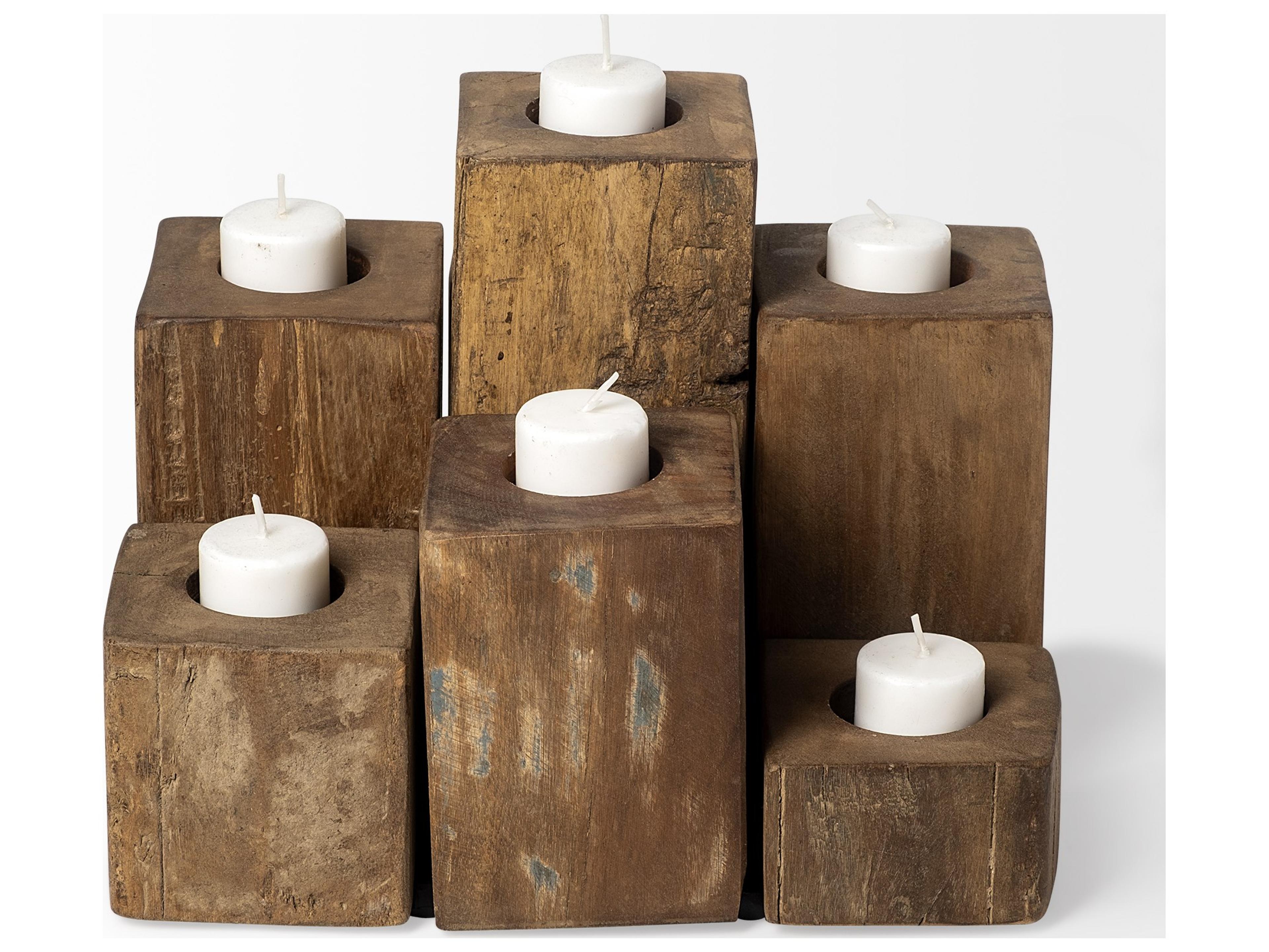 Mercana Cassius Light Brown Nine Wood Block Table Candle Holder