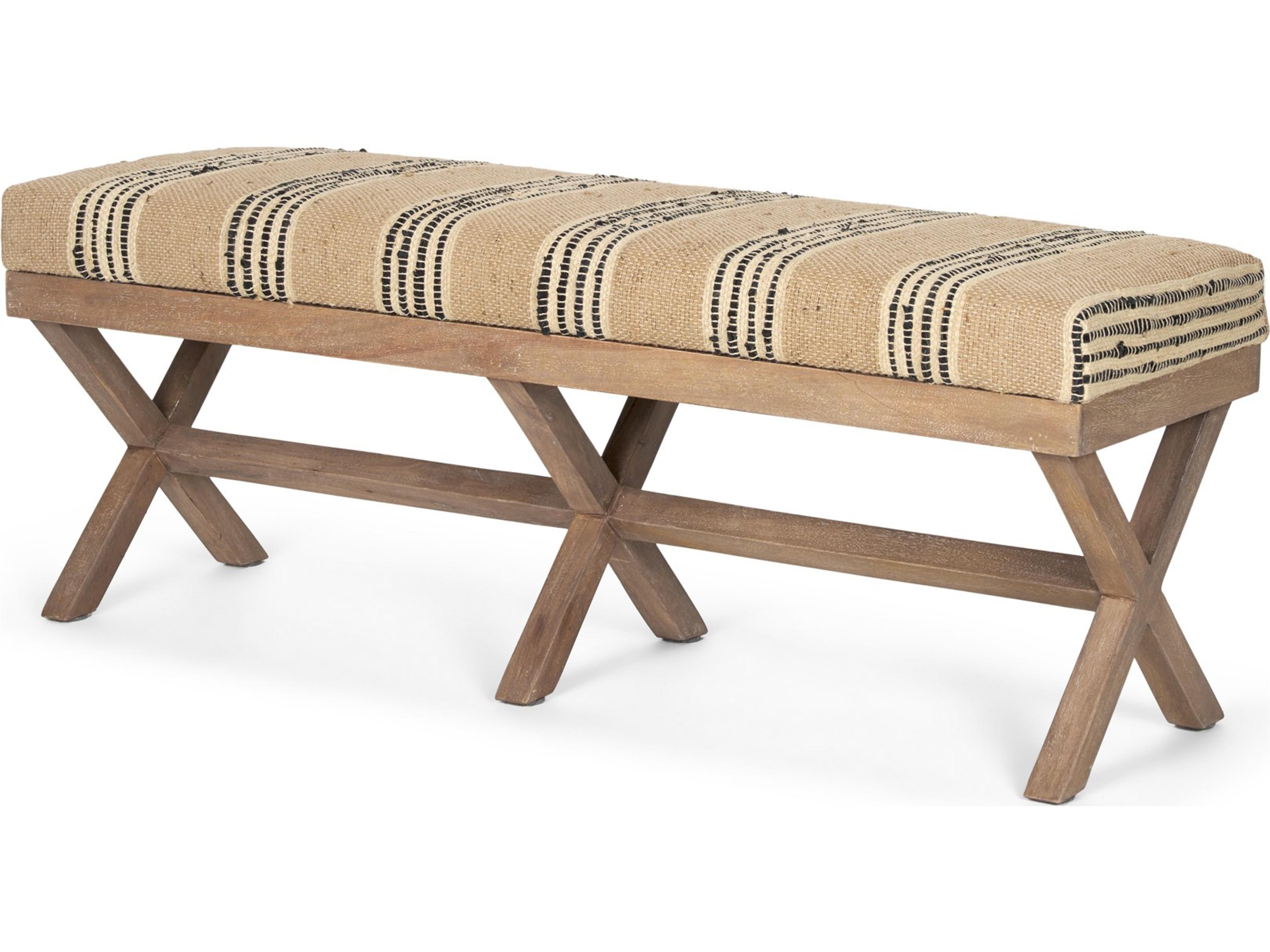 Solis 50L x 16W Brown Base Upholstered Beige/Black Stripe Seat Accent Bench