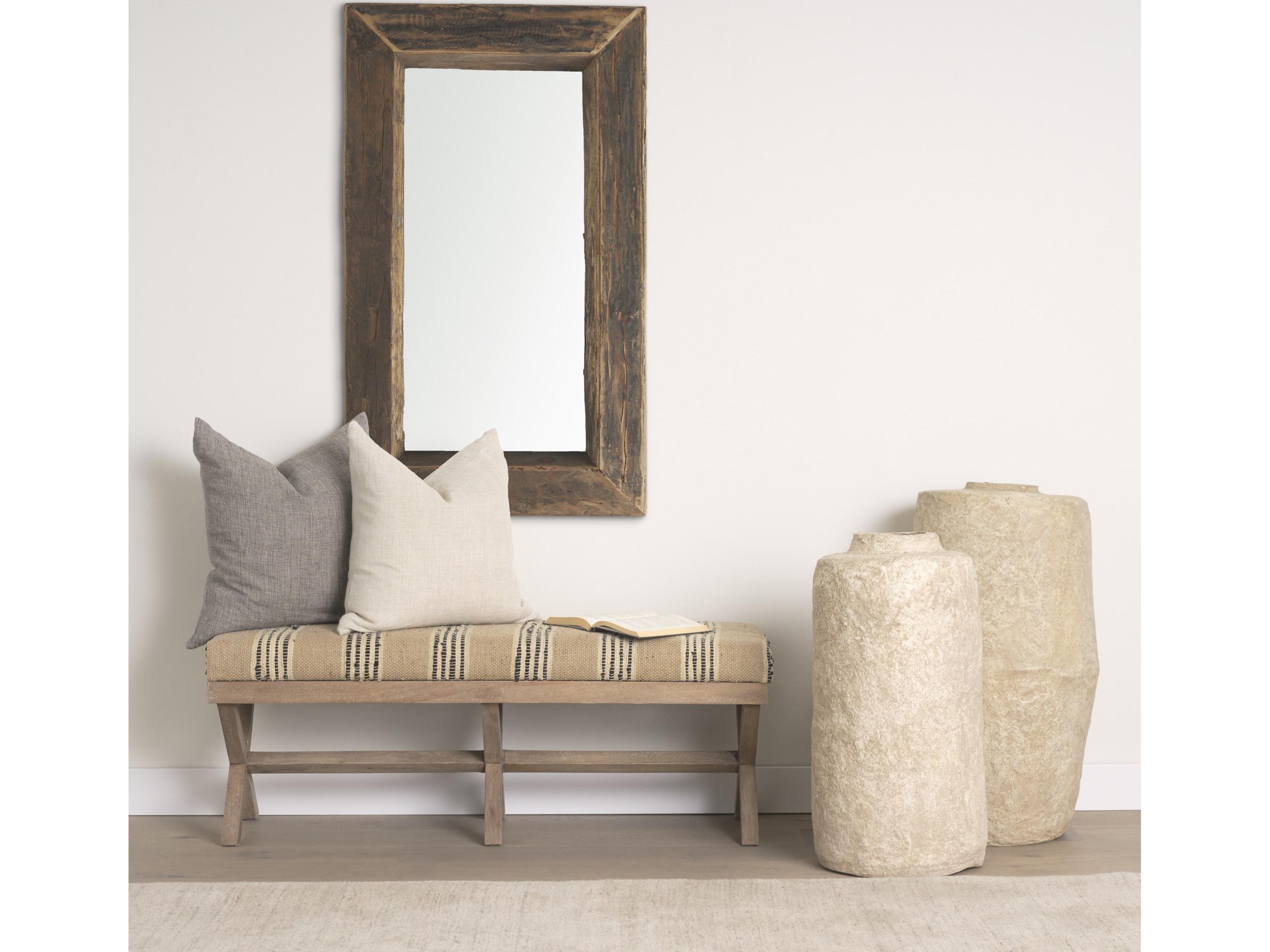 Mercana Solis 50L x 16W Brown Base Upholstered Beige/Black Stripe Seat Accent Bench