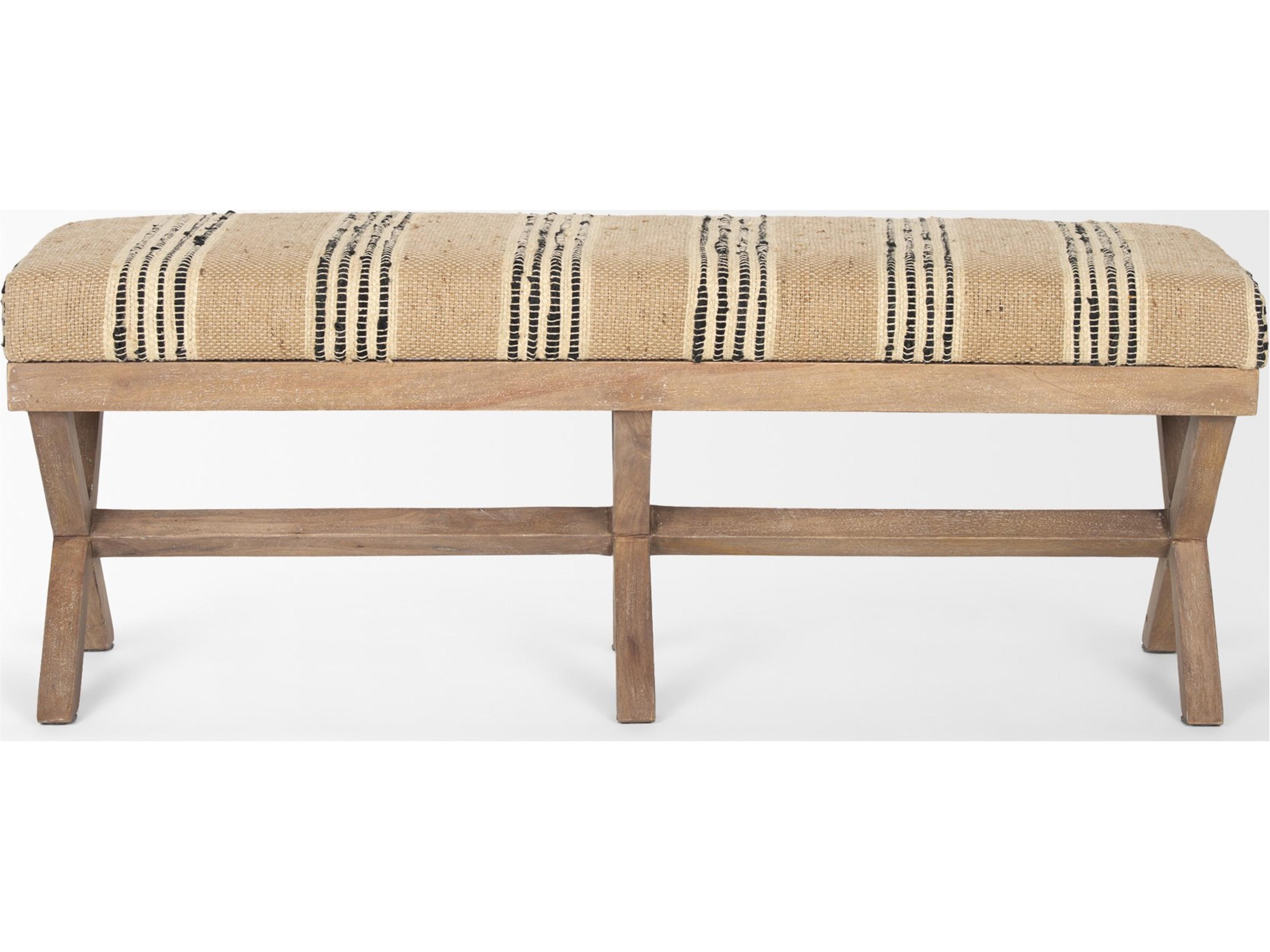 Mercana Solis 50L x 16W Brown Base Upholstered Beige/Black Stripe Seat Accent Bench