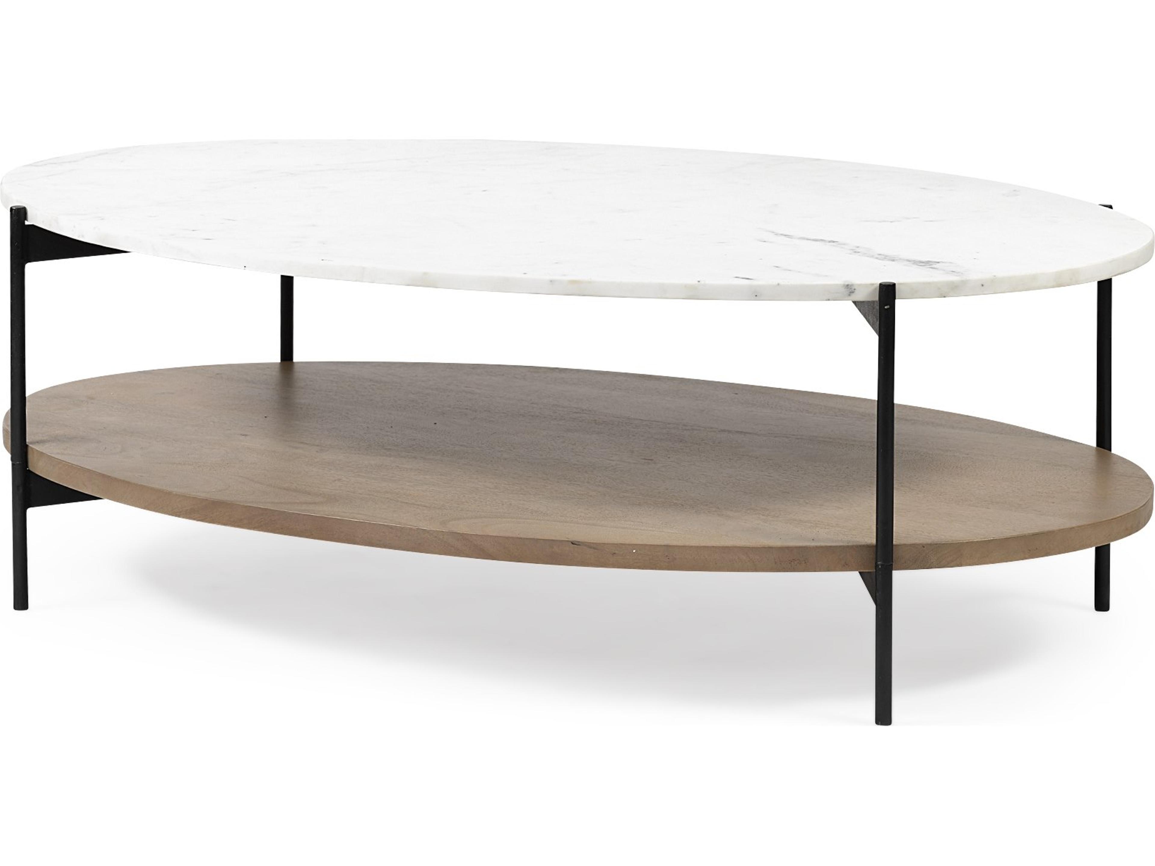 Larkin 48" Oval White Marble Top and Solid Wood Shelf w/ Black Metal Frame Coffee Table