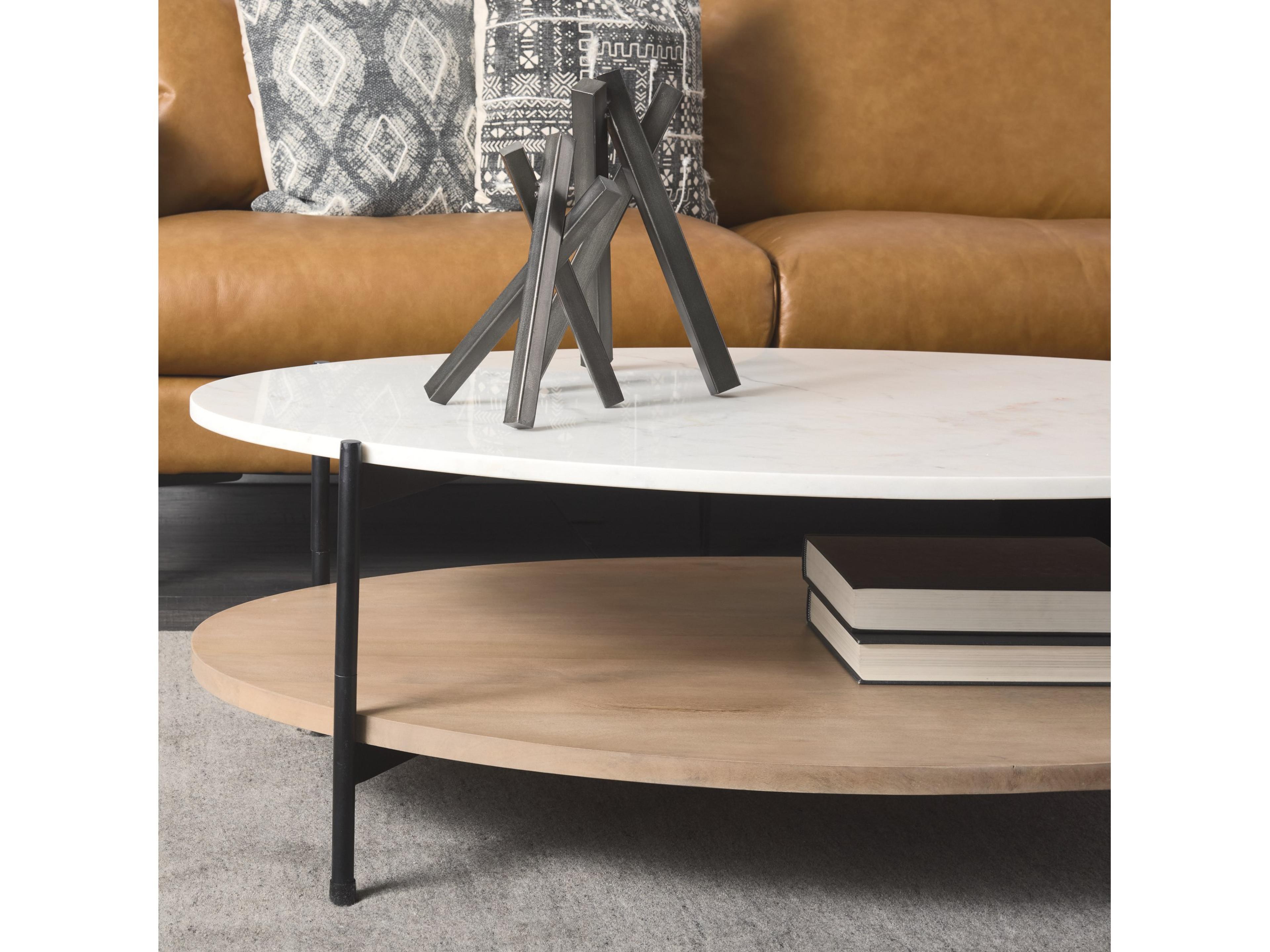 Mercana Larkin 48" Oval White Marble Top and Solid Wood Shelf w/ Black Metal Frame Coffee Table