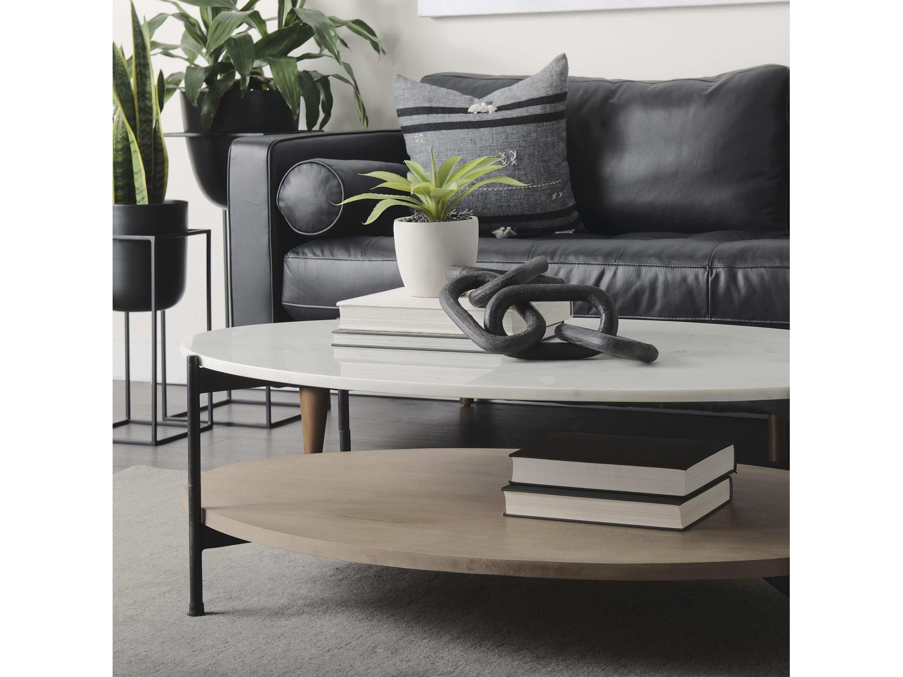 Mercana Larkin 48" Oval White Marble Top and Solid Wood Shelf w/ Black Metal Frame Coffee Table