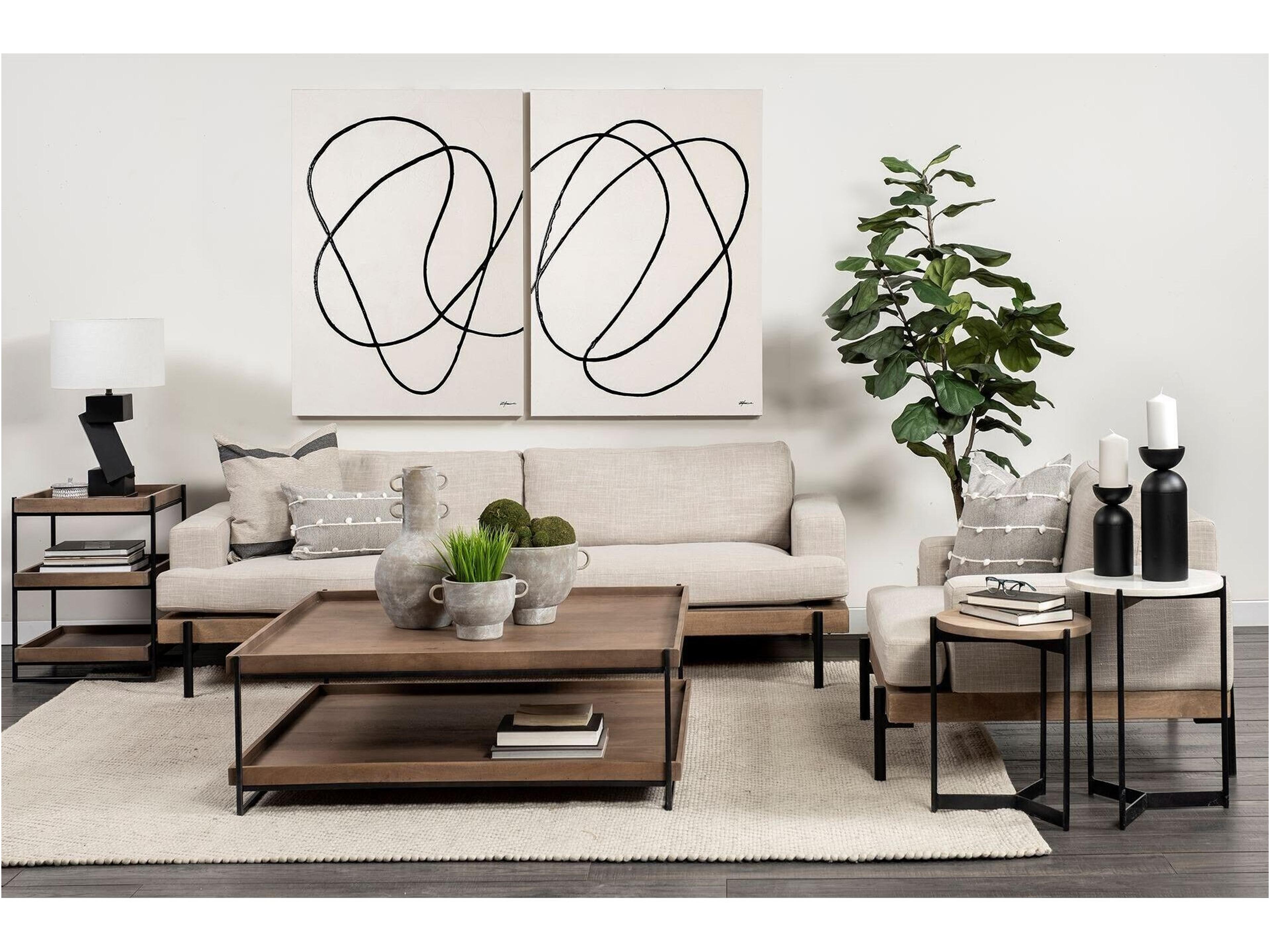 Mercana Larkin II Marble and Medium Brown Wood Round Tabletop Nesting End/Side Tables