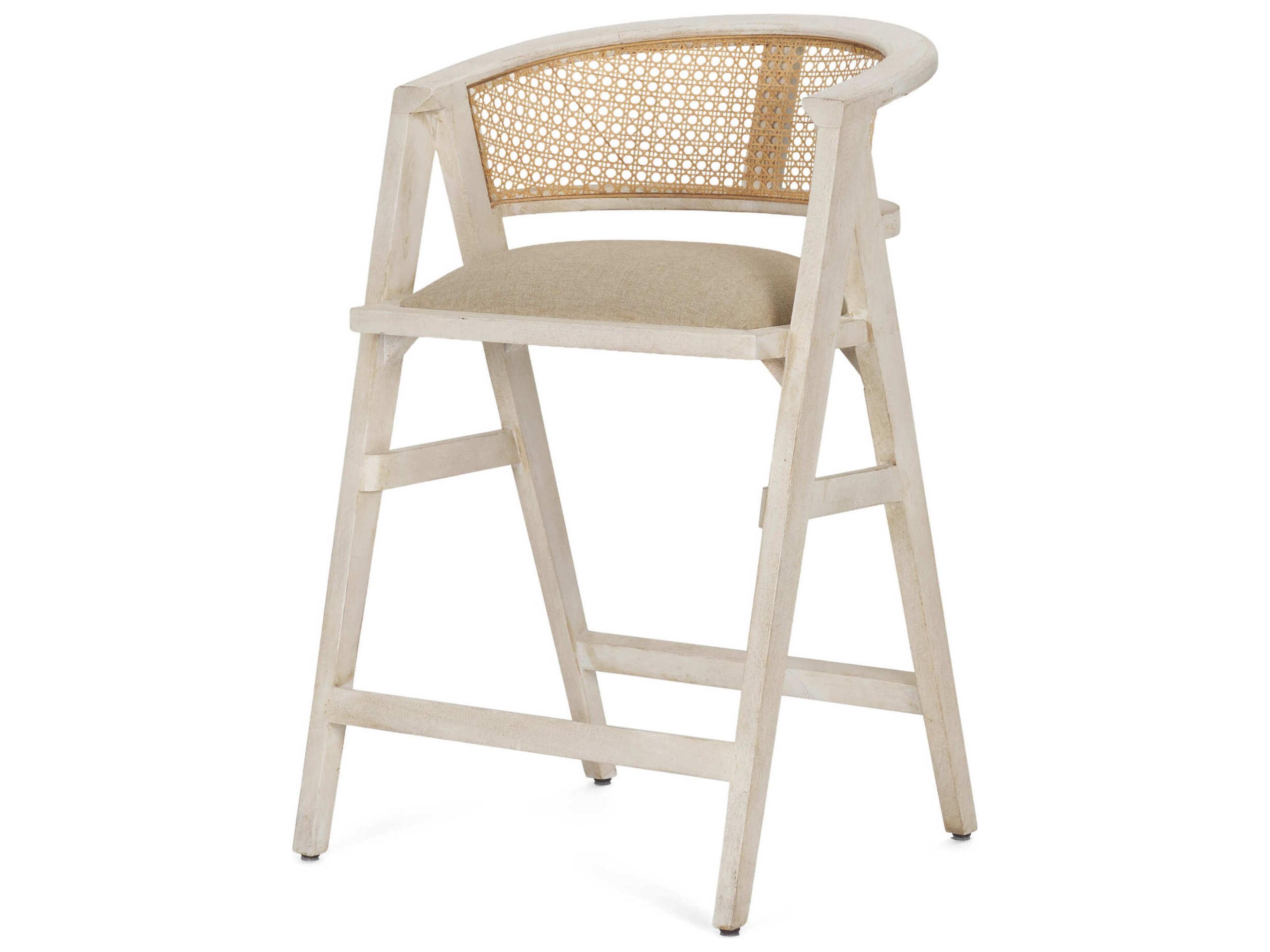 Tabitha 26.75" Seat Height Beige Fabric/Rattan Seat Blonde Wood Frame Counter Stool