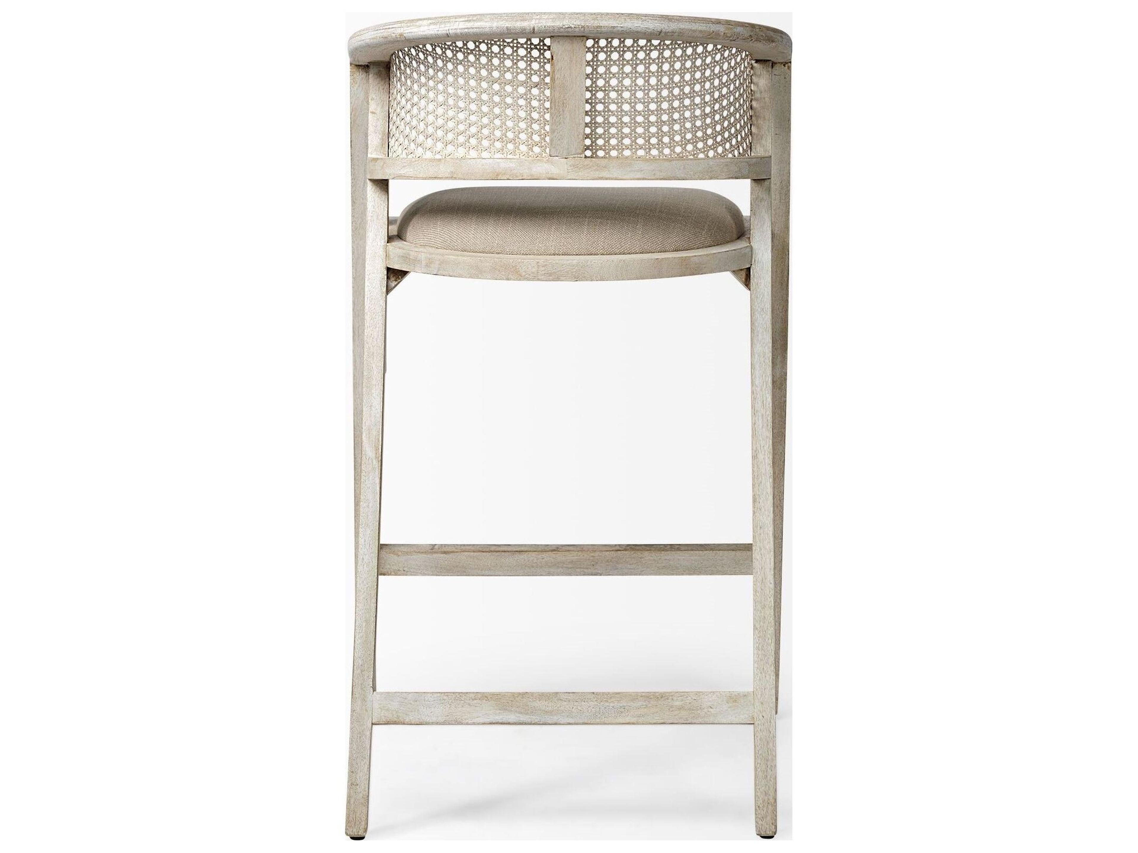 Mercana Tabitha 30.75" Seat Height Beige Fabric/Rattan Seat Blonde Wood Frame Bar Stool