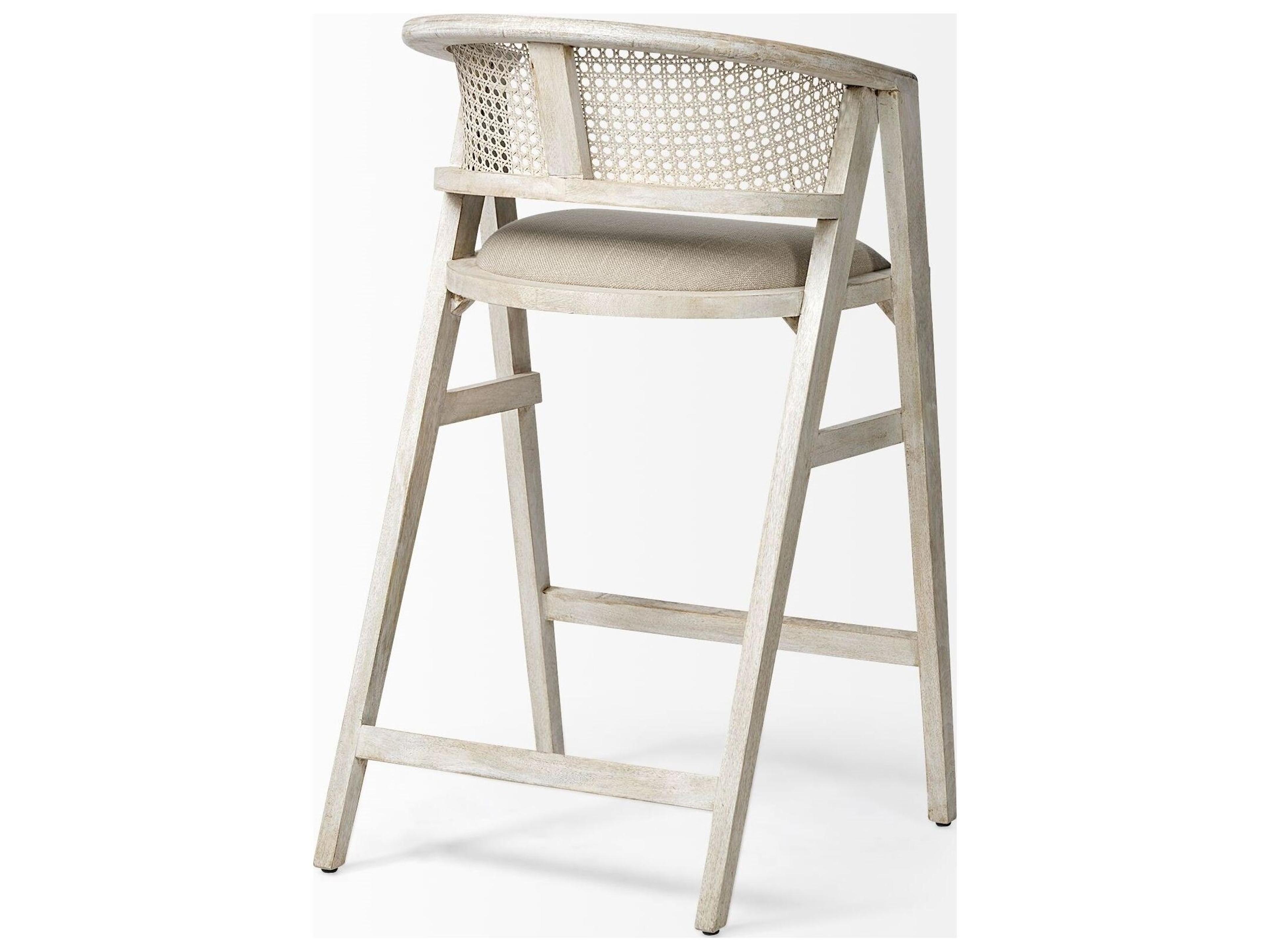 Mercana Tabitha 30.75" Seat Height Beige Fabric/Rattan Seat Blonde Wood Frame Bar Stool