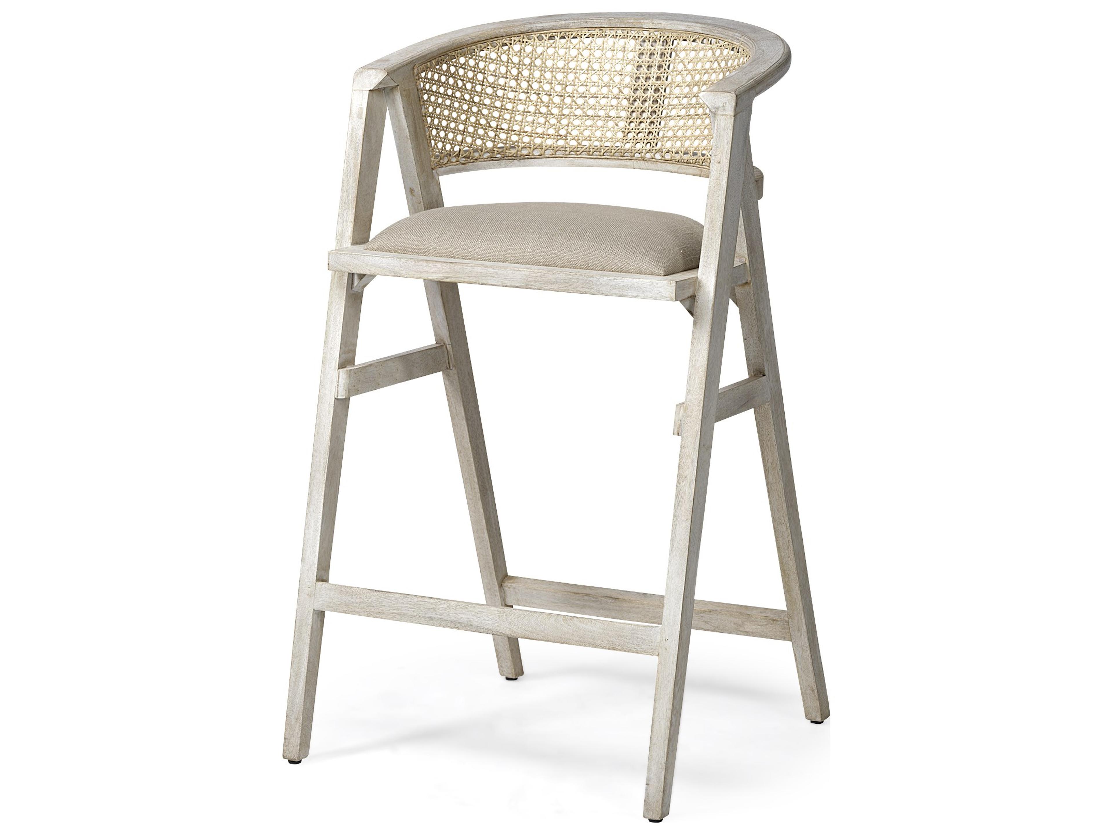 Tabitha 30.75" Seat Height Beige Fabric/Rattan Seat Blonde Wood Frame Bar Stool