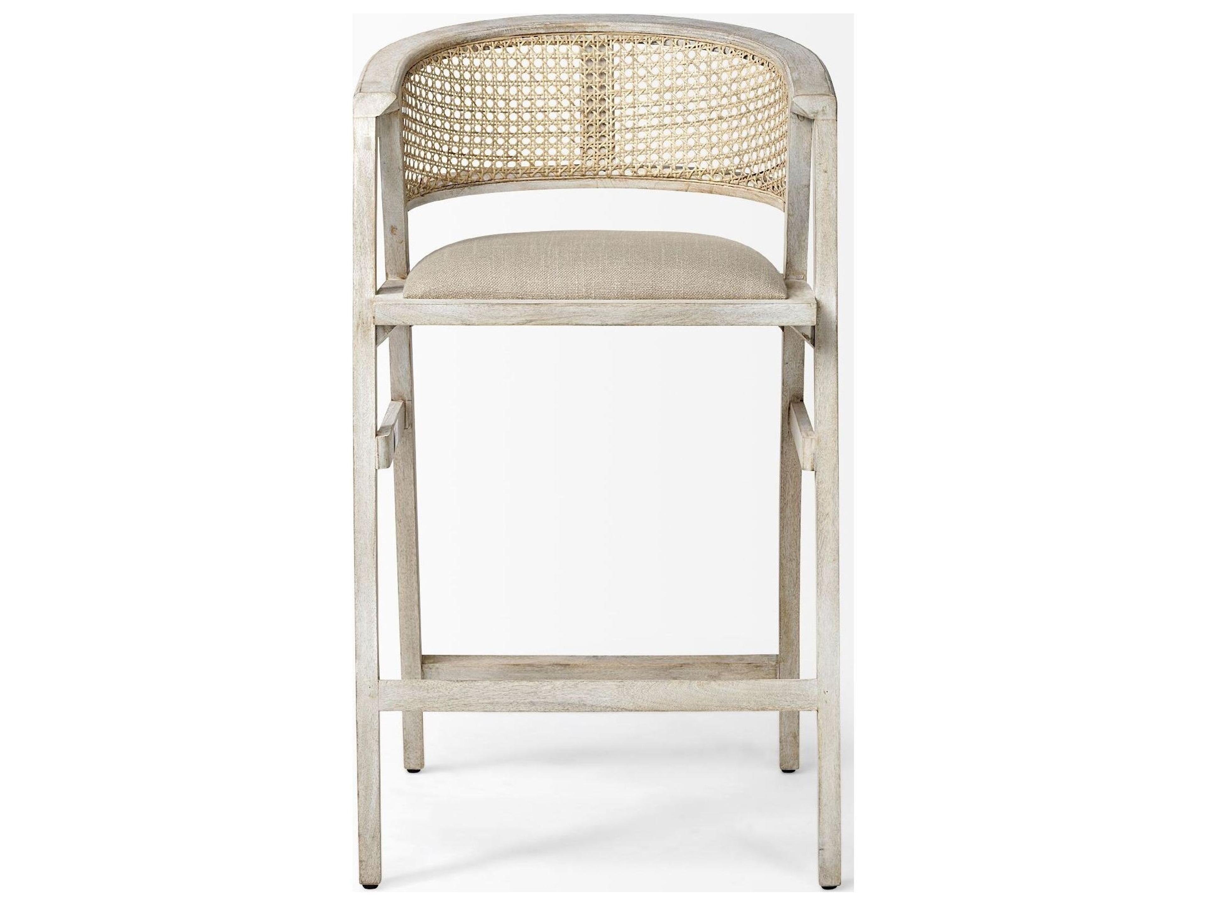 Mercana Tabitha 30.75" Seat Height Beige Fabric/Rattan Seat Blonde Wood Frame Bar Stool