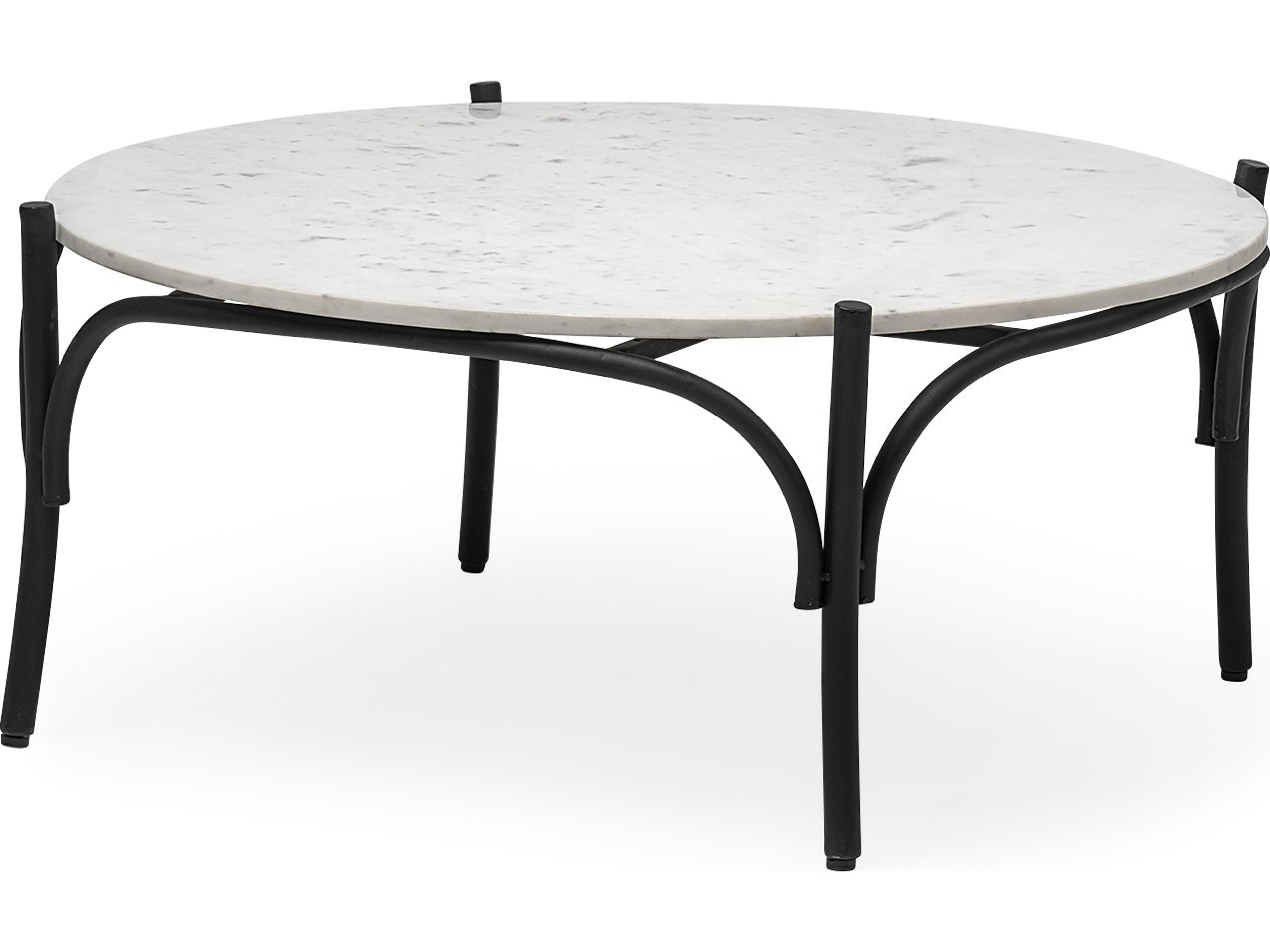 Etienne 36" Round White Marble Top Black Metal Base Coffee Table