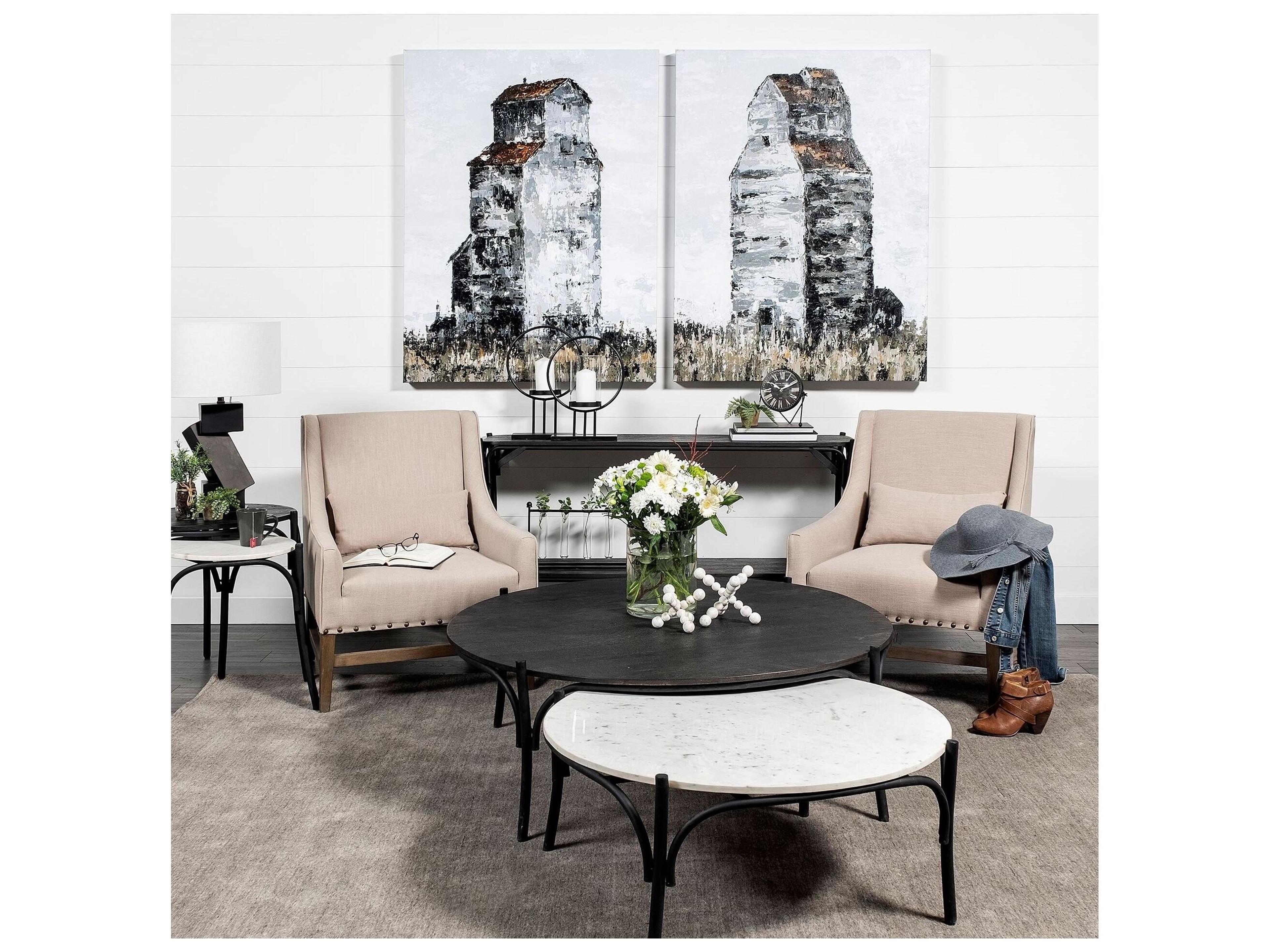 Mercana Etienne 36" Round White Marble Top Black Metal Base Coffee Table