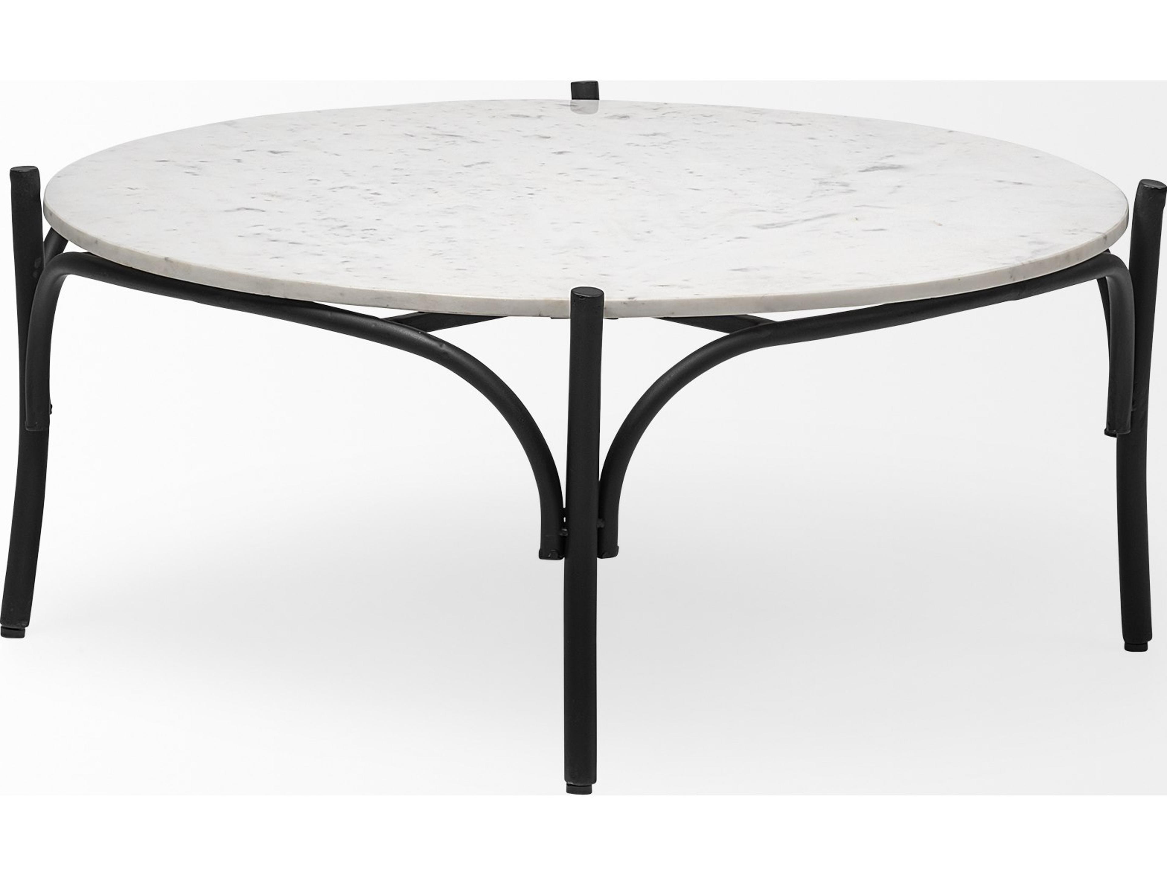 Mercana Etienne 36" Round White Marble Top Black Metal Base Coffee Table