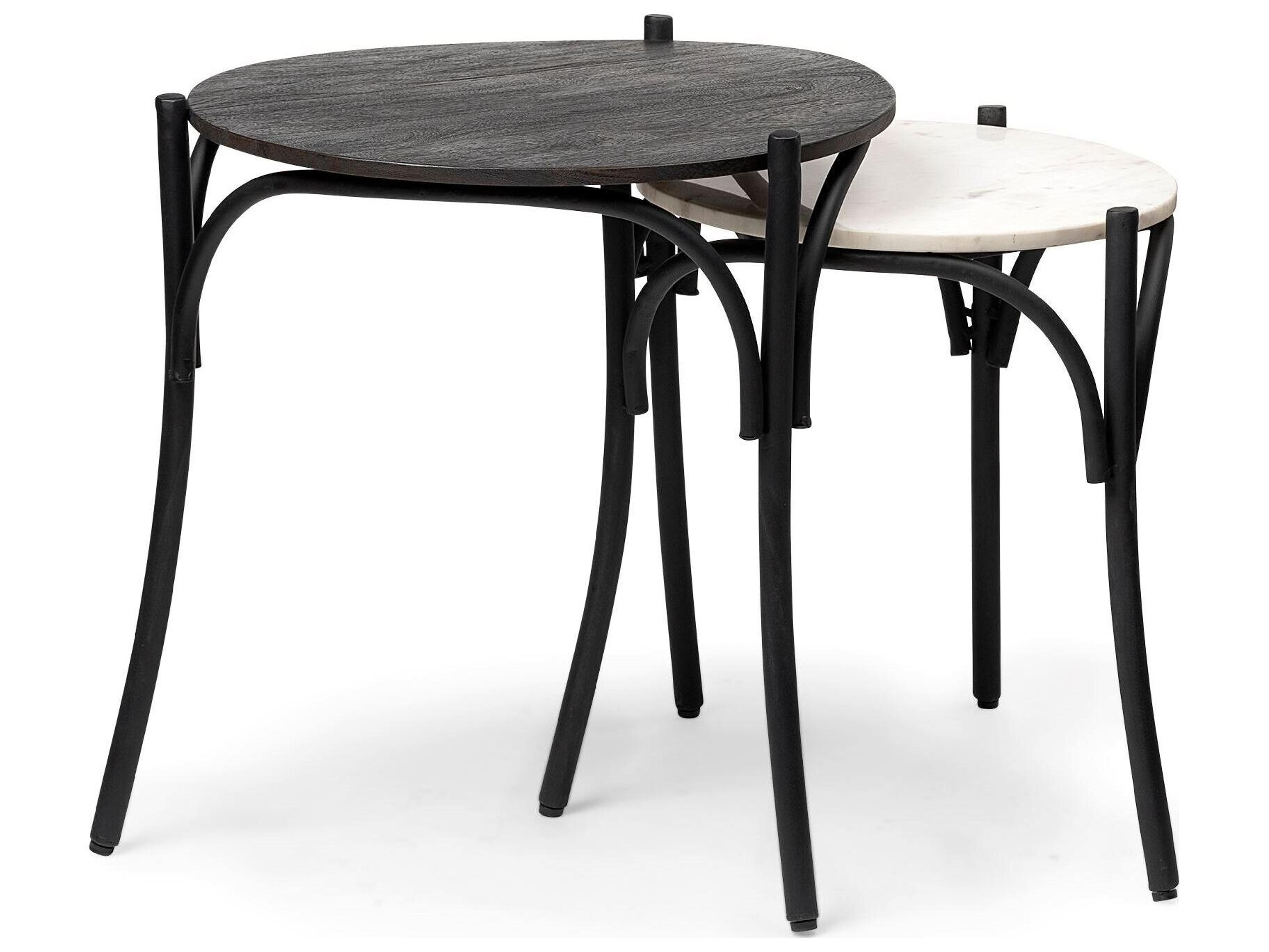 Etienne VII 24" Set of Two Round Top Black Wood and Marble Top Nesting Table