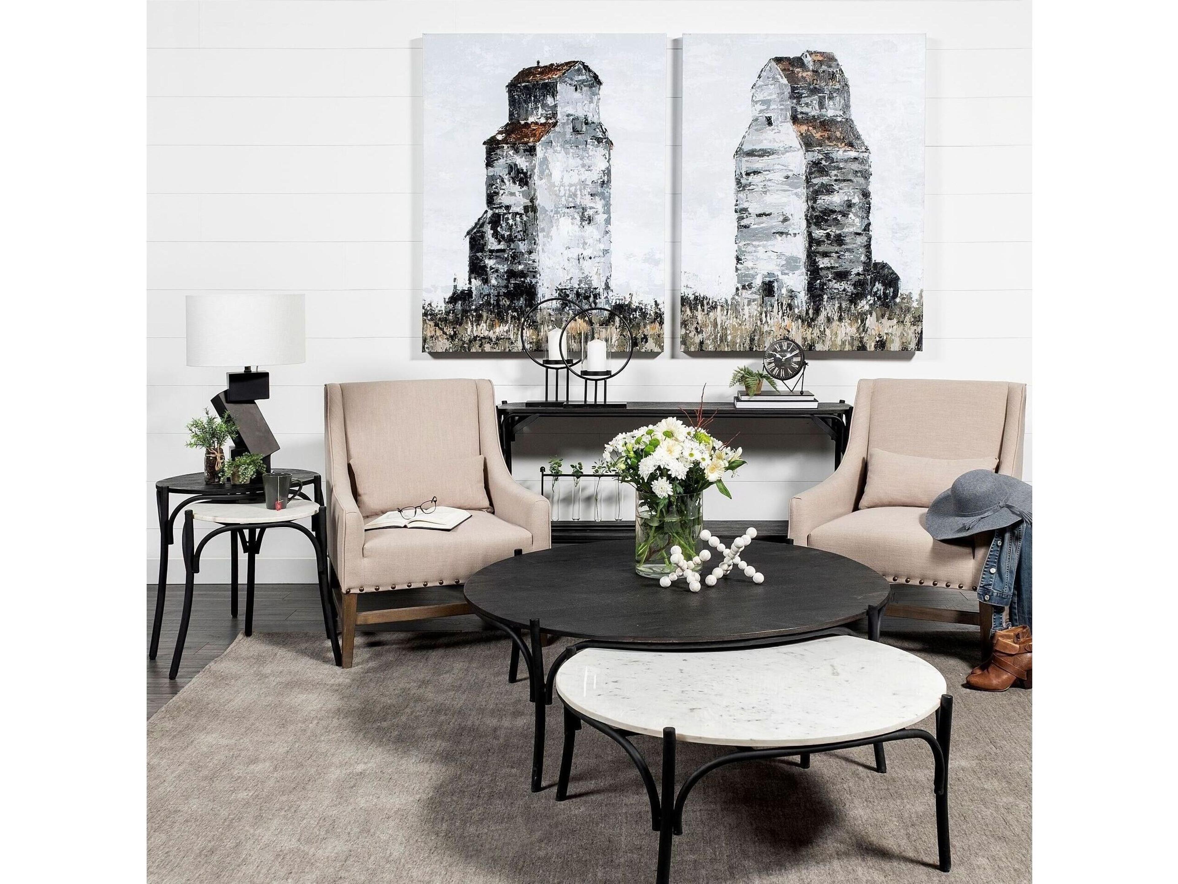 Mercana Etienne VII 24" Set of Two Round Top Black Wood and Marble Top Nesting Table