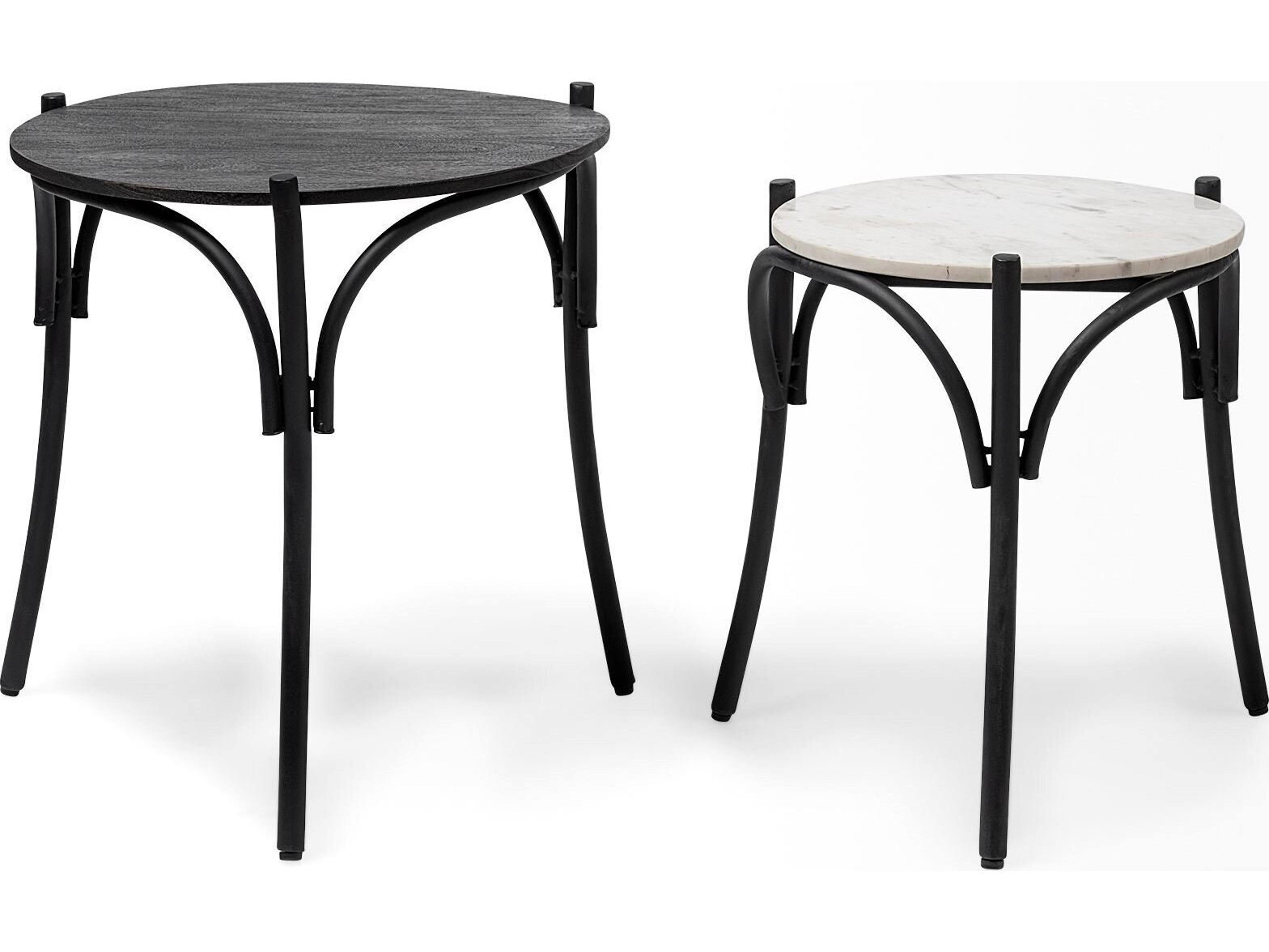 Mercana Etienne VII 24" Set of Two Round Top Black Wood and Marble Top Nesting Table