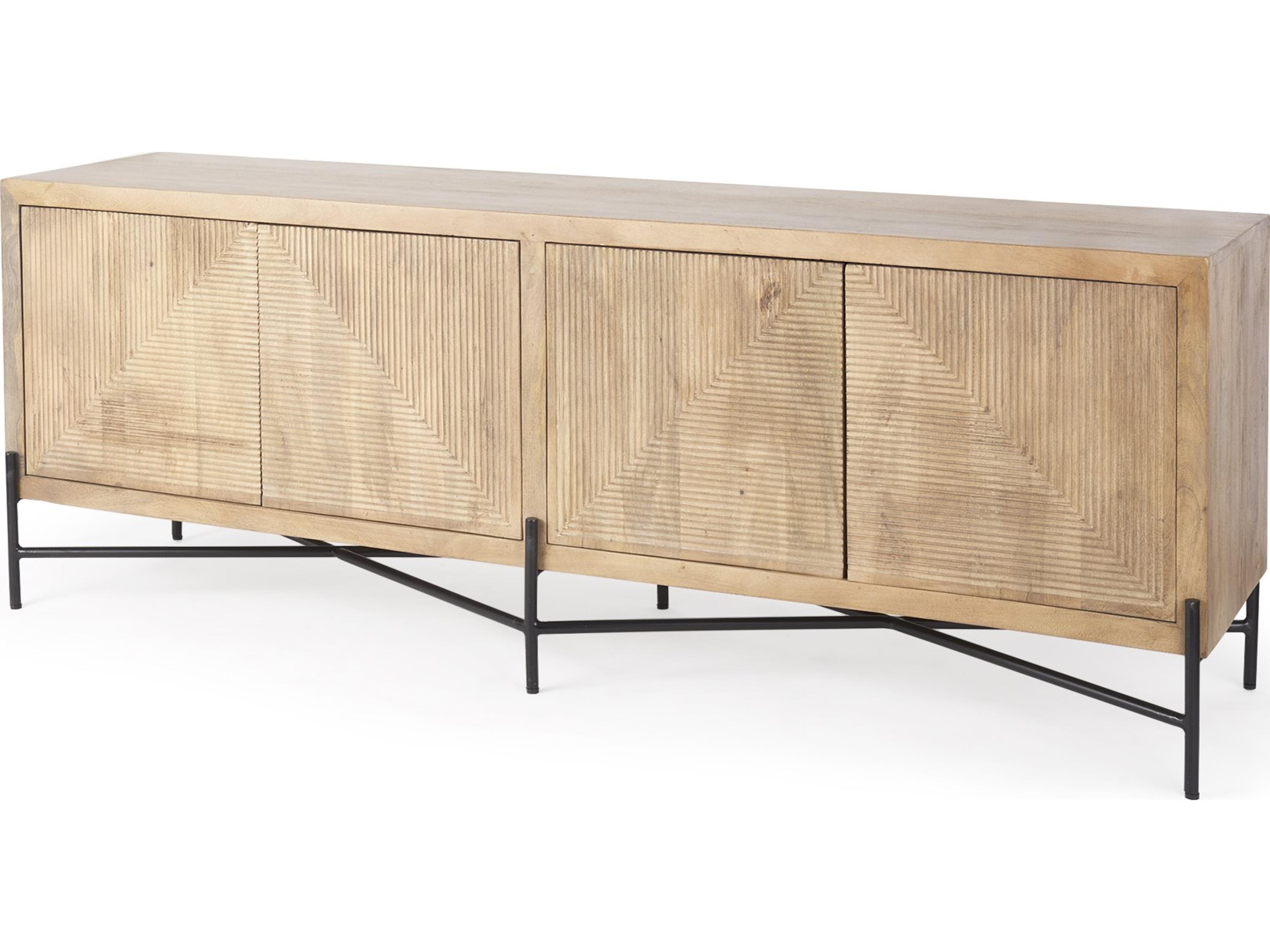 Cairo 78x19 Brown Solid Wood Black Metal Base 4 Door Cabinet Sideboard