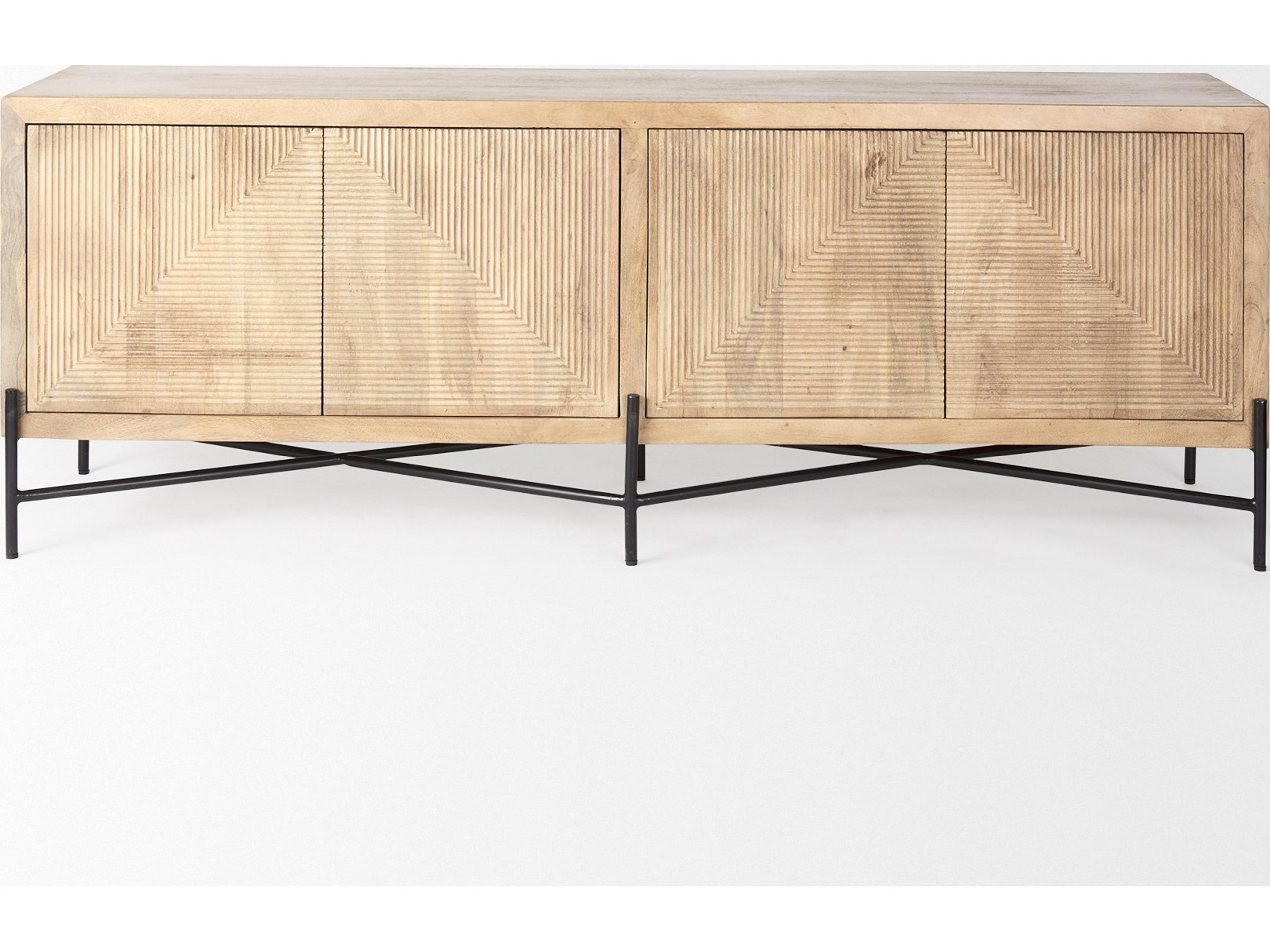 Mercana Cairo 78x19 Brown Solid Wood Black Metal Base 4 Door Cabinet Sideboard