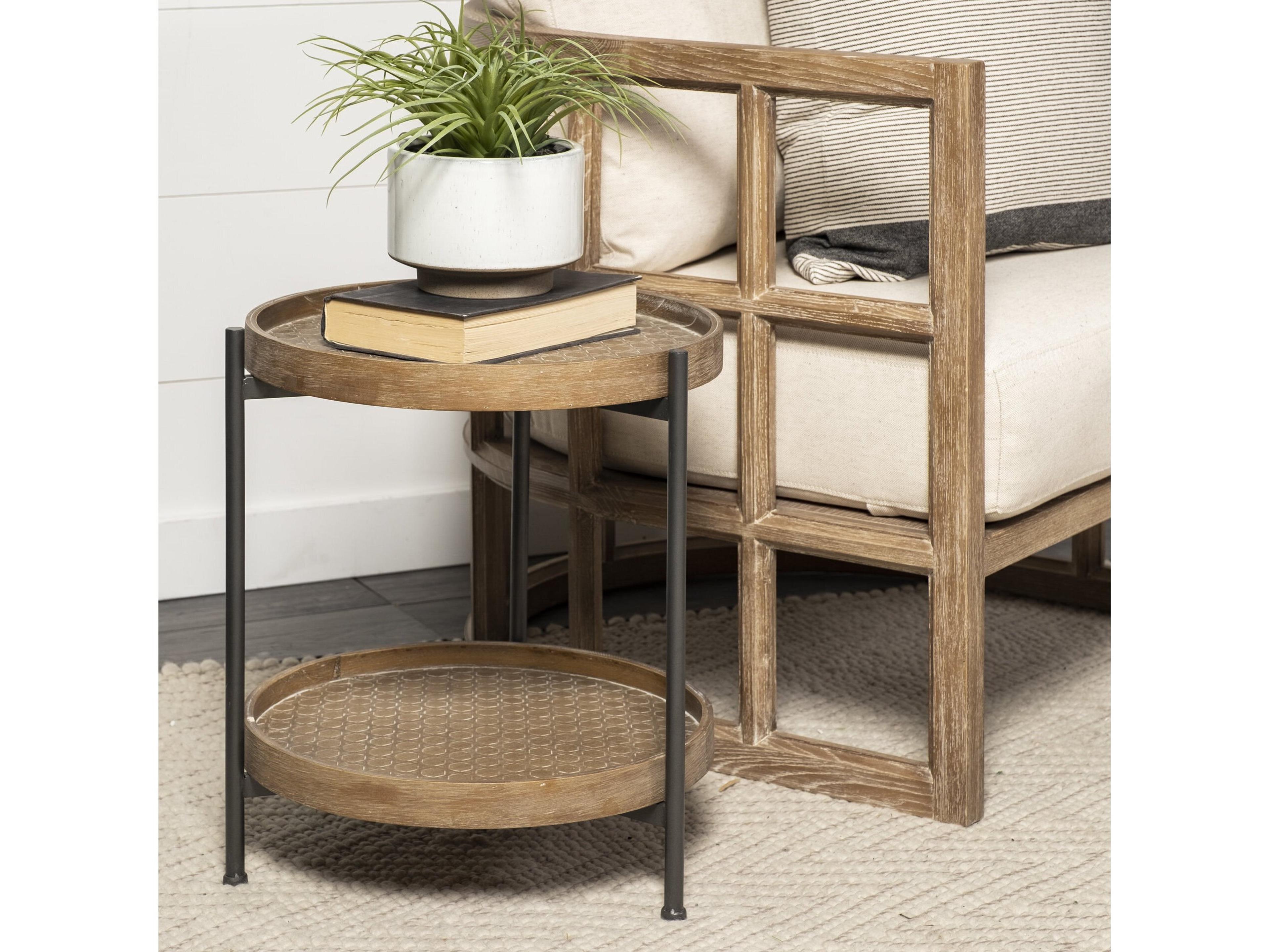 Mercana Kade III 16.9" Round Top Natural Brown Wood and Gray Metal Frame Tray-Style End/Side Table