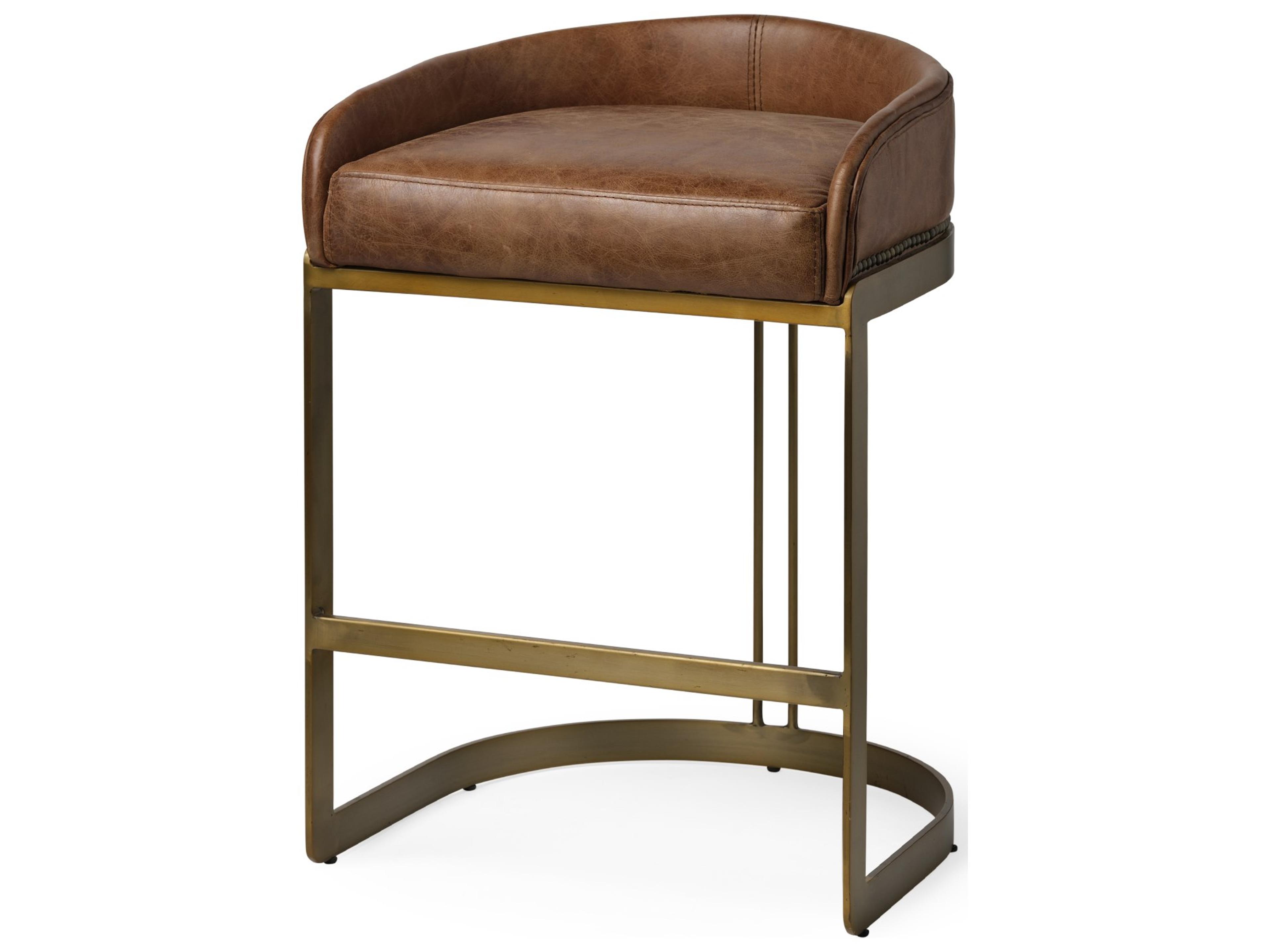 Hollyfield II Brown Leather Seat Gold Metal Base Stool