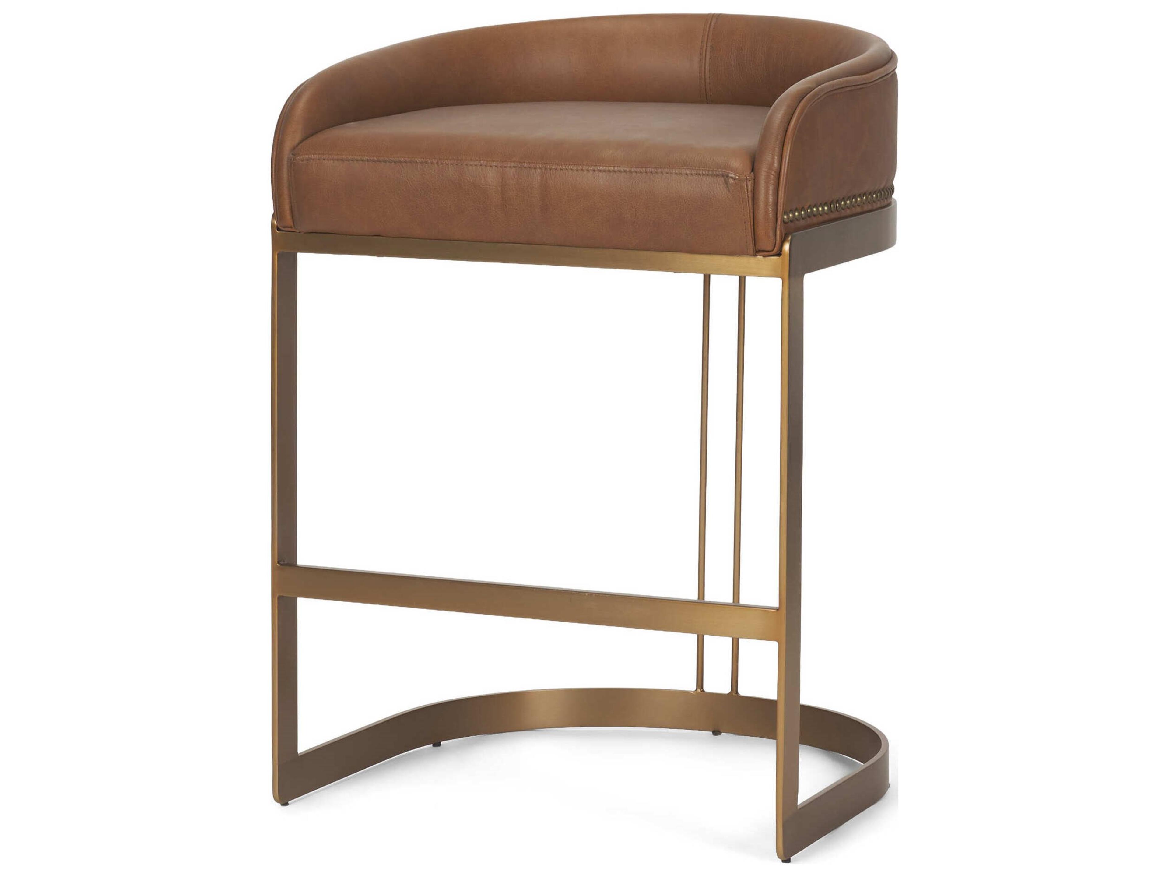 Hollyfield II Brown Leather Seat Gold Metal Base Stool