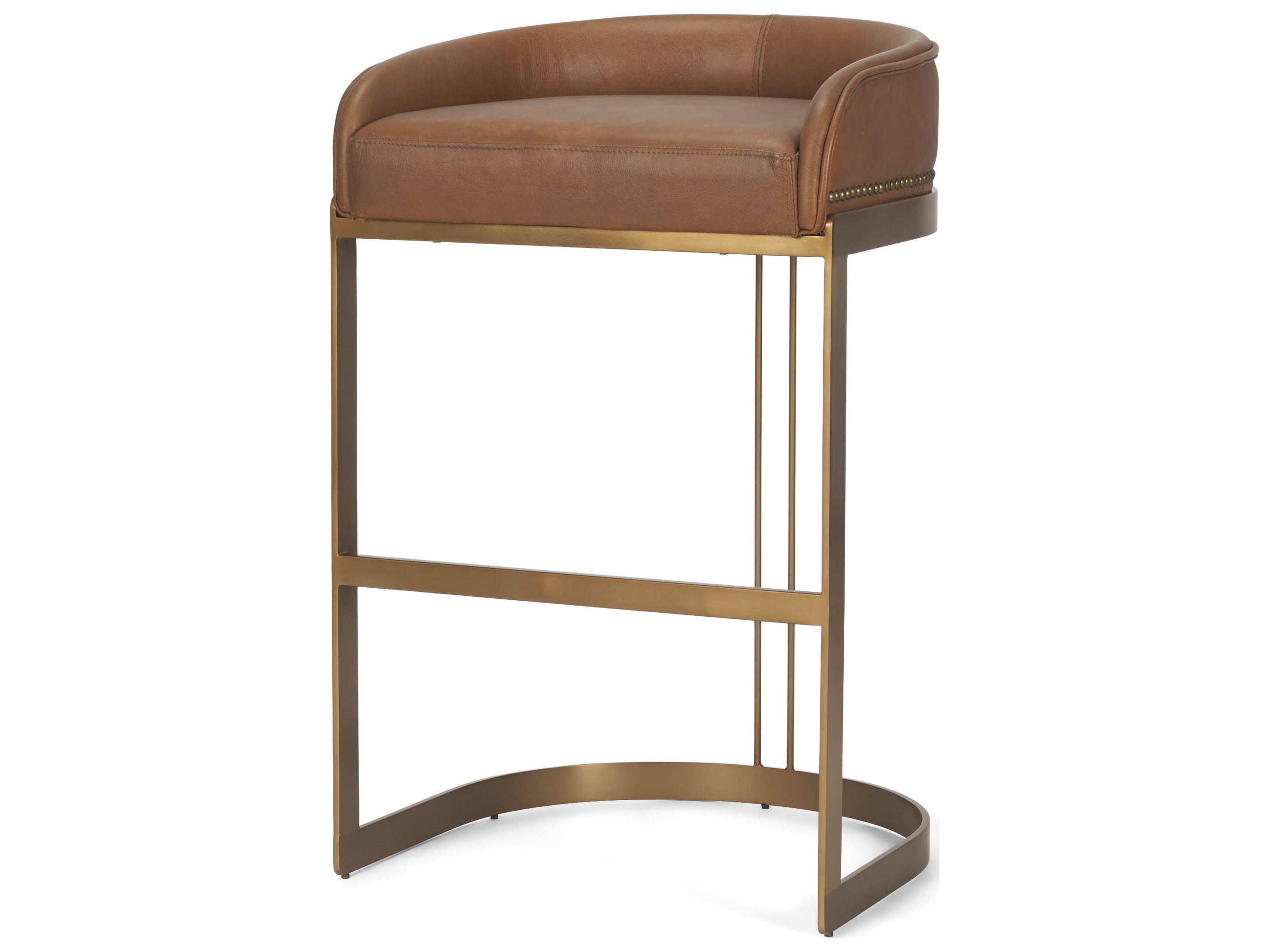 Hollyfield II Brown Leather Seat Gold Metal Base Bar Stool