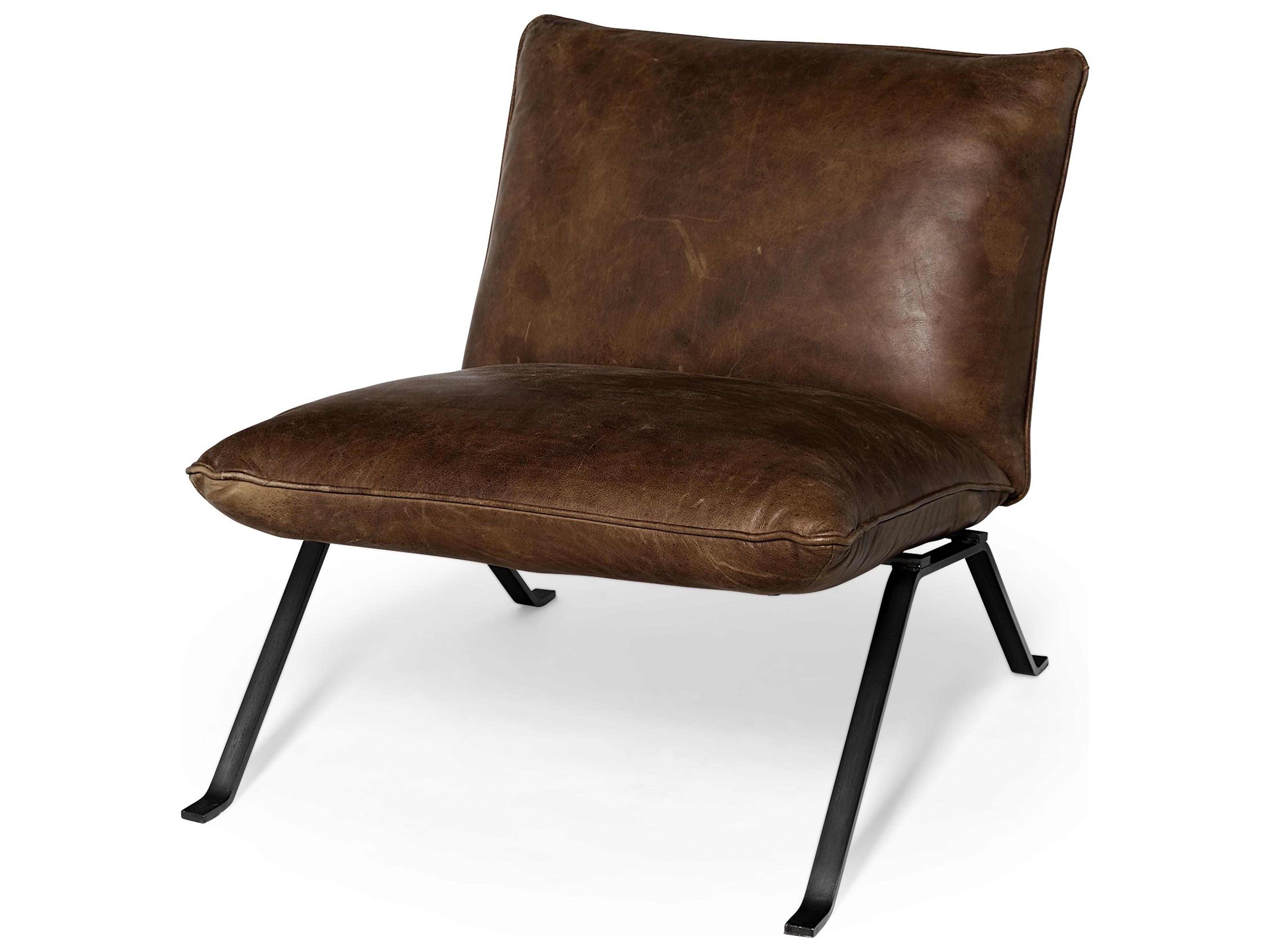 Flavelle I Brown Leather Cushion Seat and Solid Iron Base Accent Chair