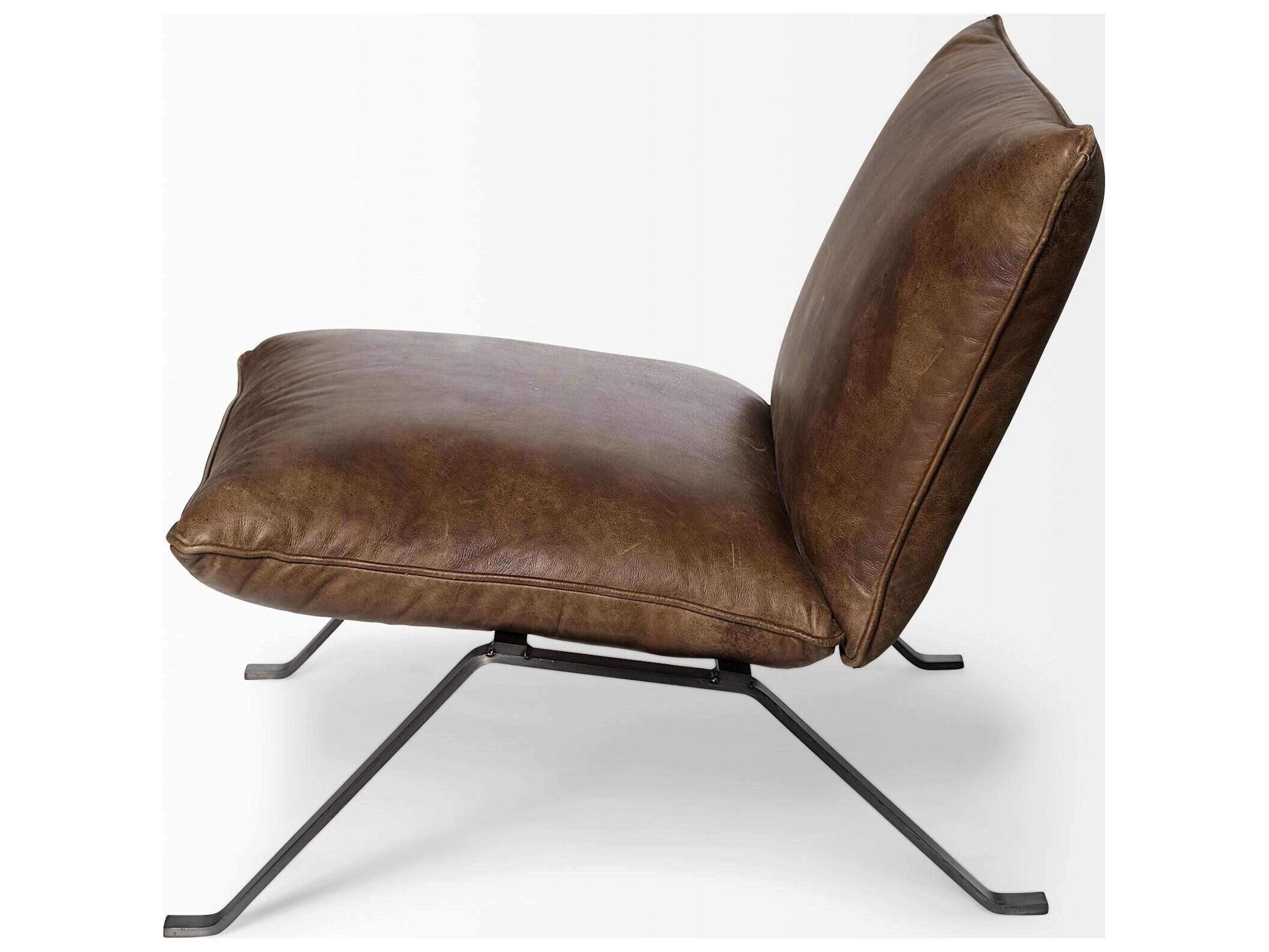 Mercana Flavelle I Brown Leather Cushion Seat and Solid Iron Base Accent Chair