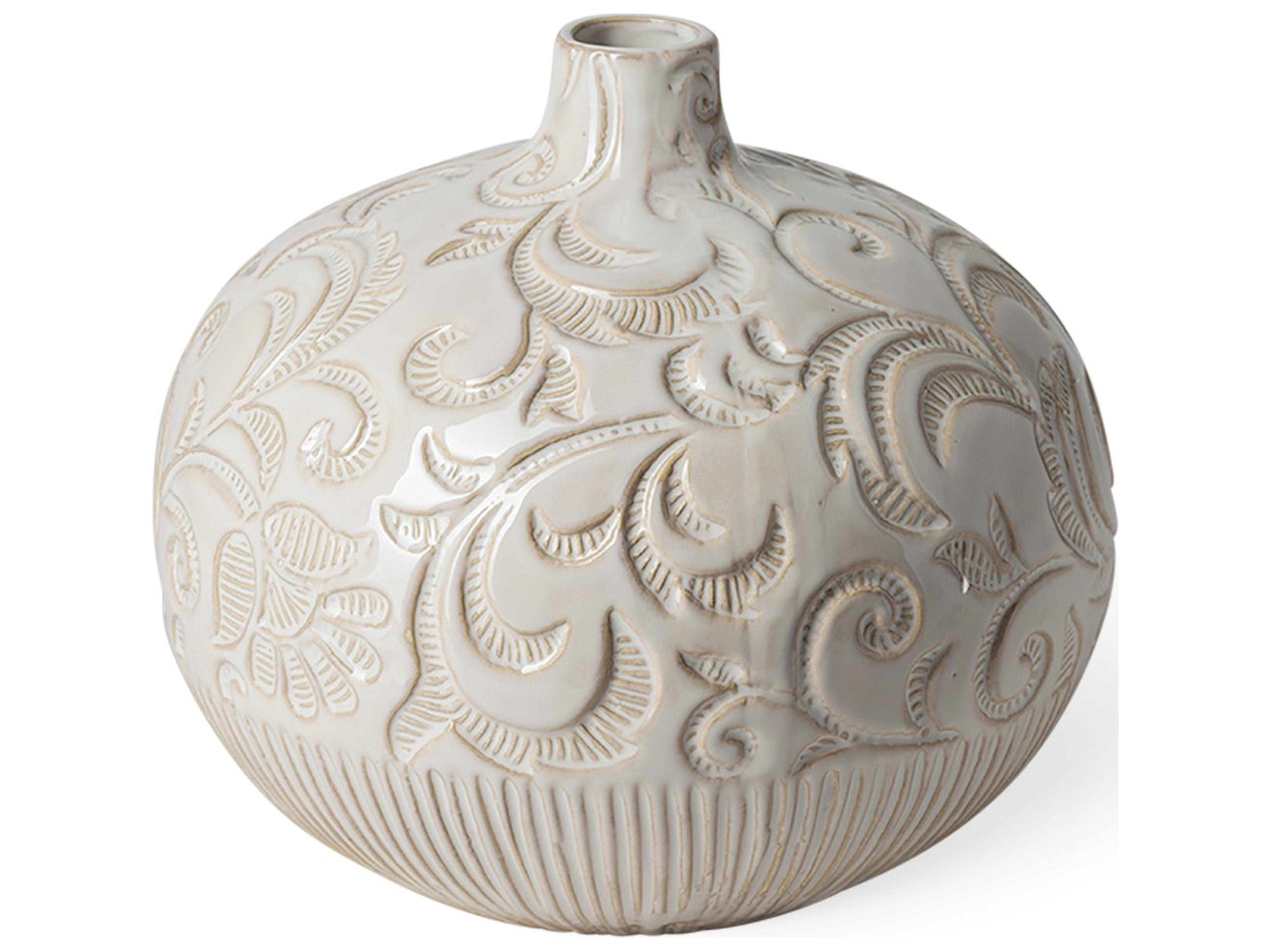 Mercana Jadiza II Medium White Glaze Floral Pattern Vase