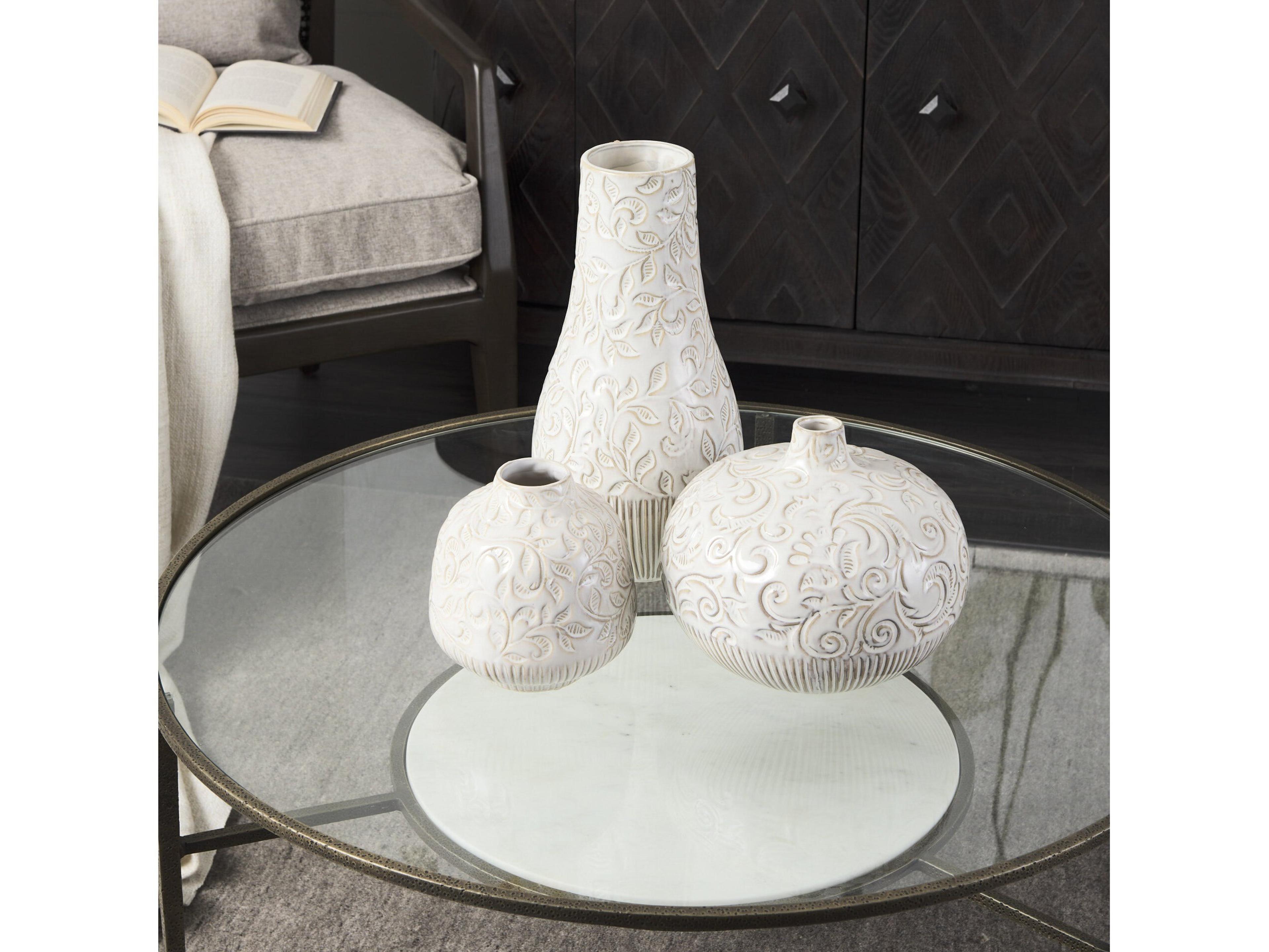 Mercana Jadiza II Medium White Glaze Floral Pattern Vase