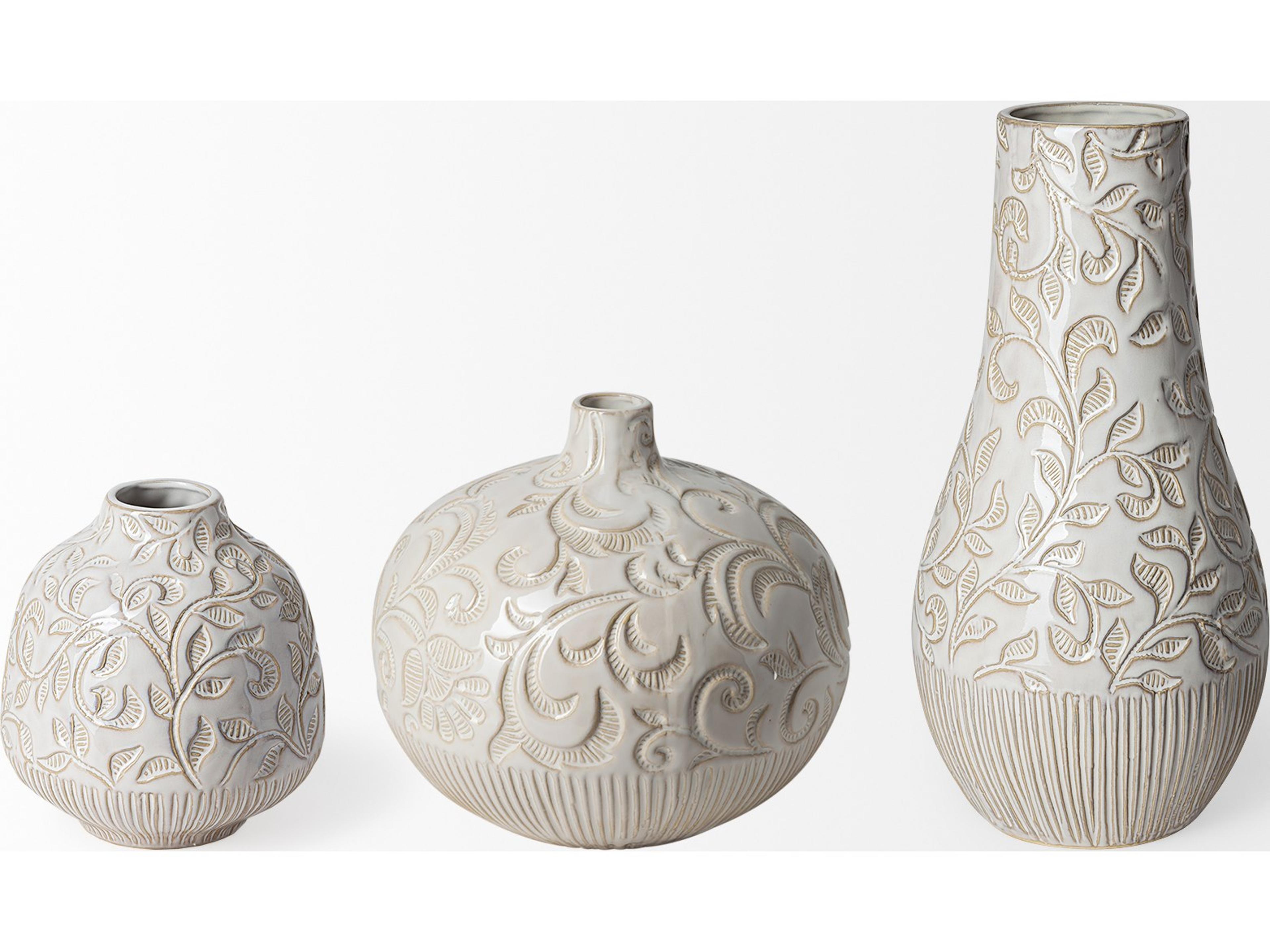 Mercana Jadiza II Medium White Glaze Floral Pattern Vase