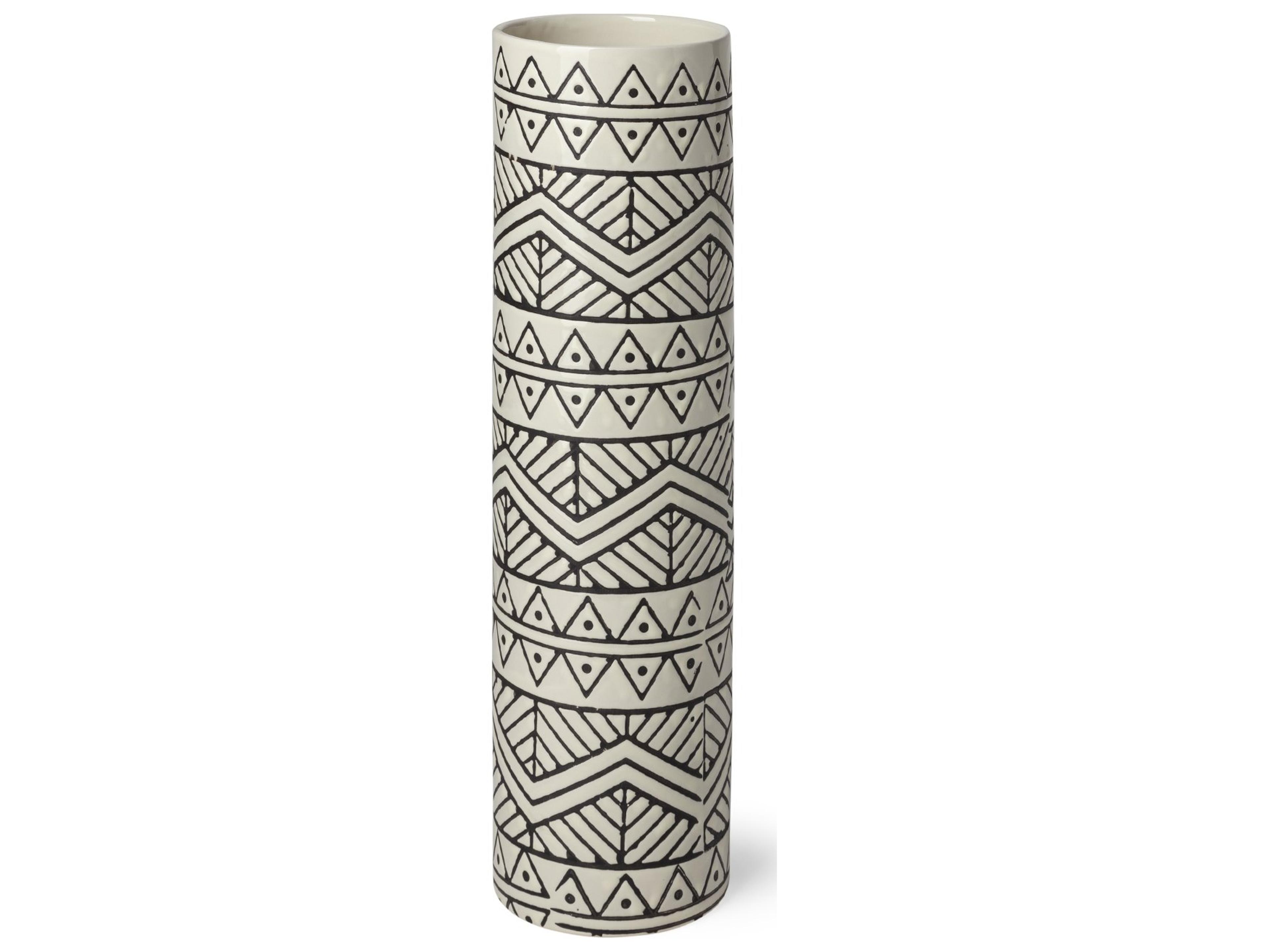Uhura I Small Cream Black Patterned Cylindrical Vase
