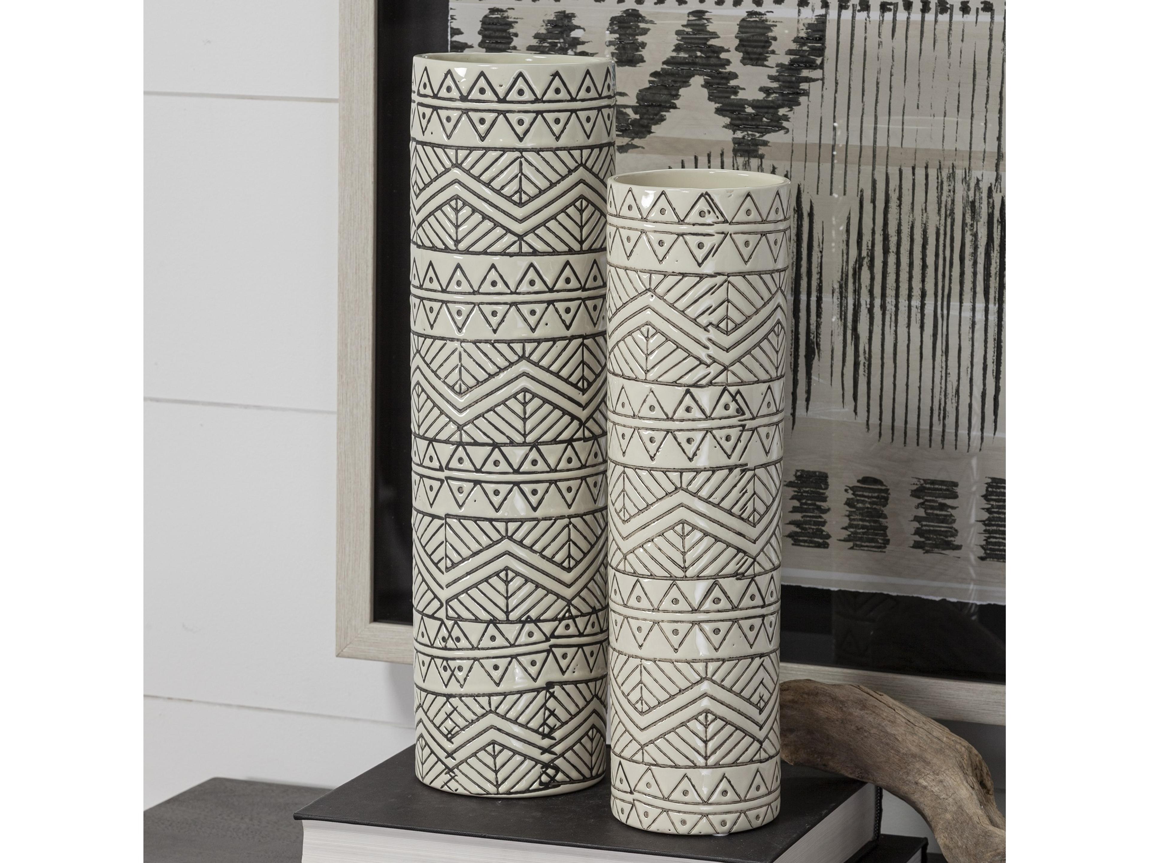 Mercana Uhura II Large Cream Black Patterned Cylindrical Ceramic Vase
