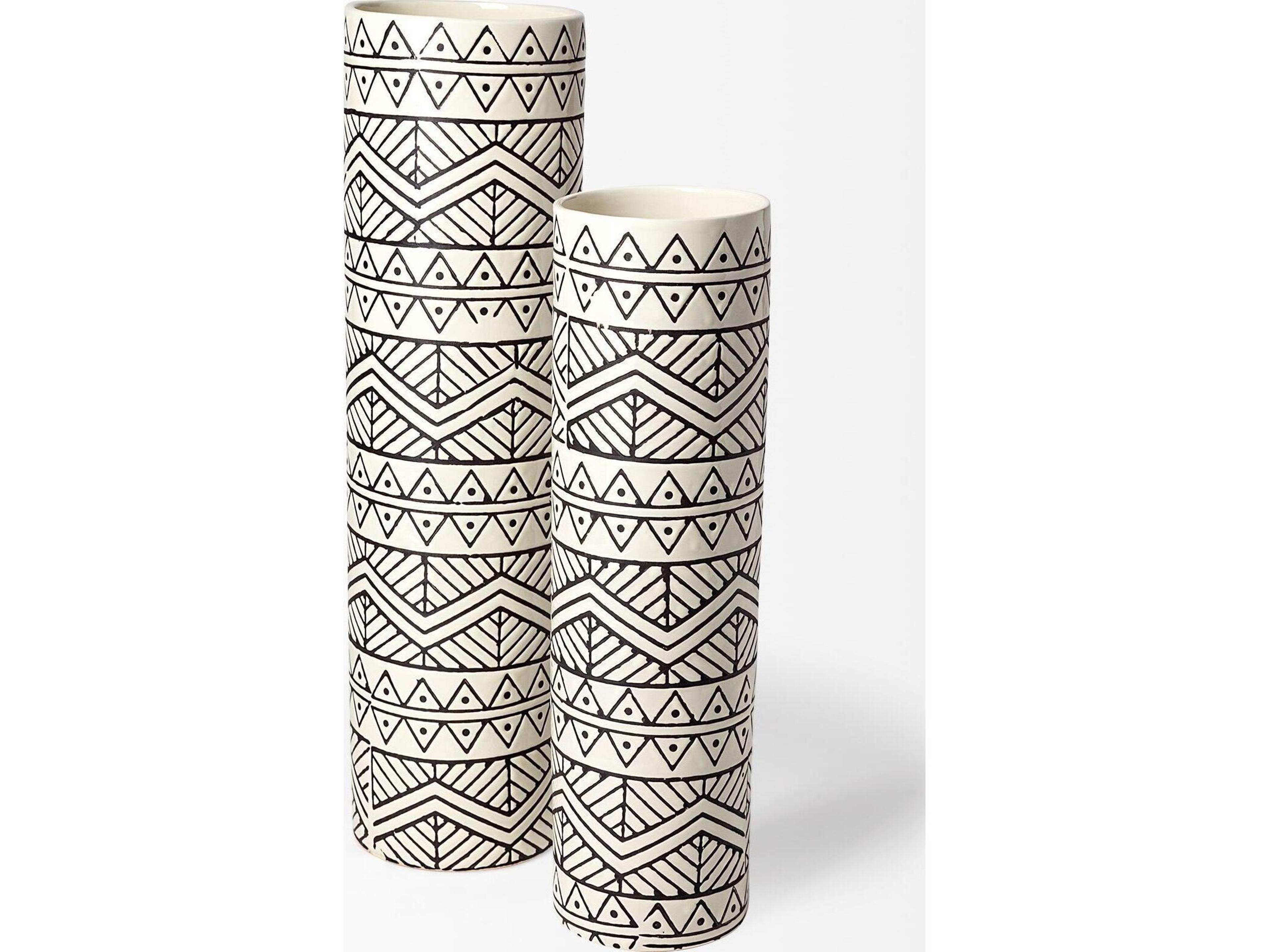 Mercana Uhura II Large Cream Black Patterned Cylindrical Ceramic Vase