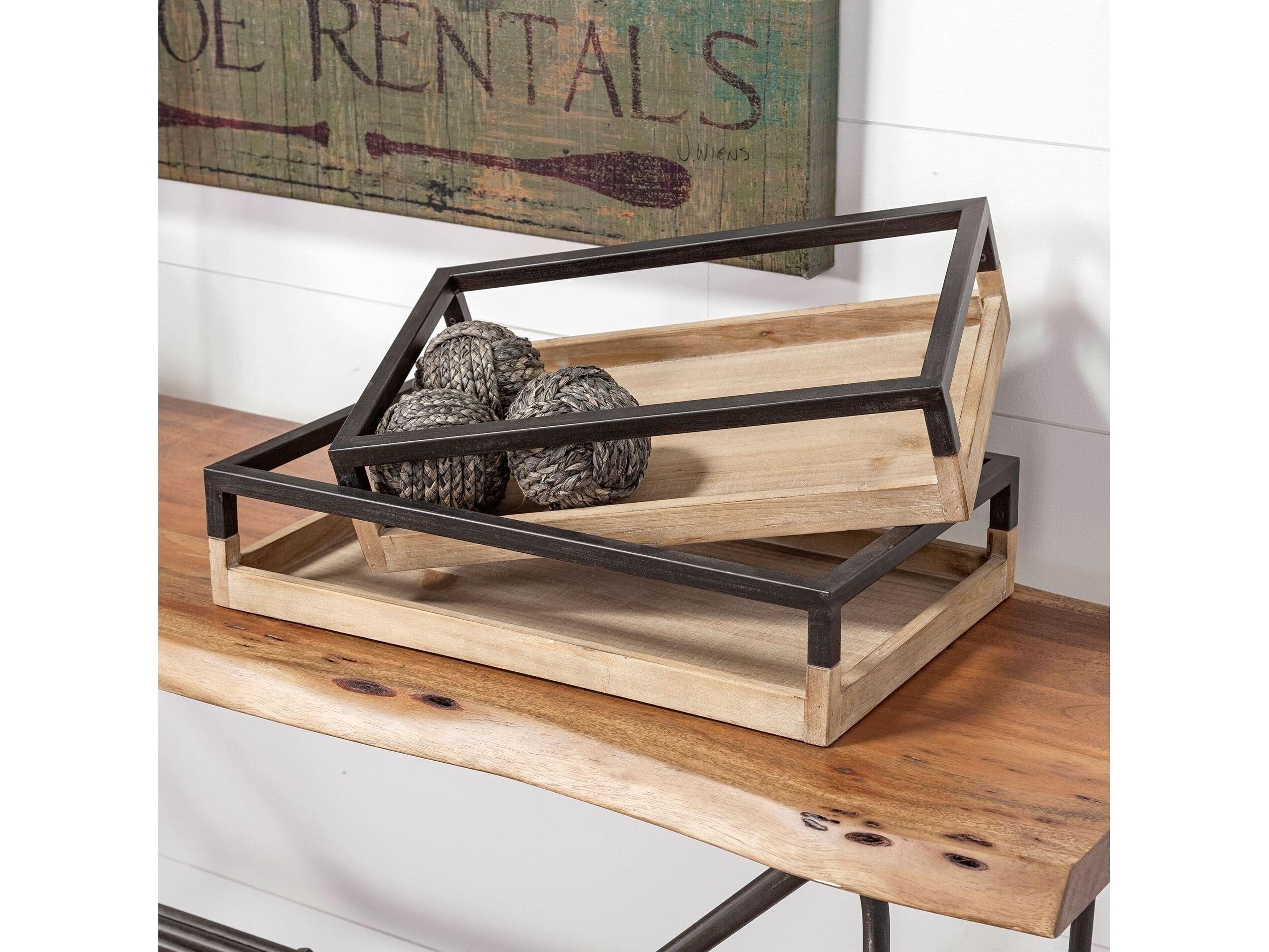 Mercana Ross Set of 2 Natural Wood W/ Black Metal Nesting Trays