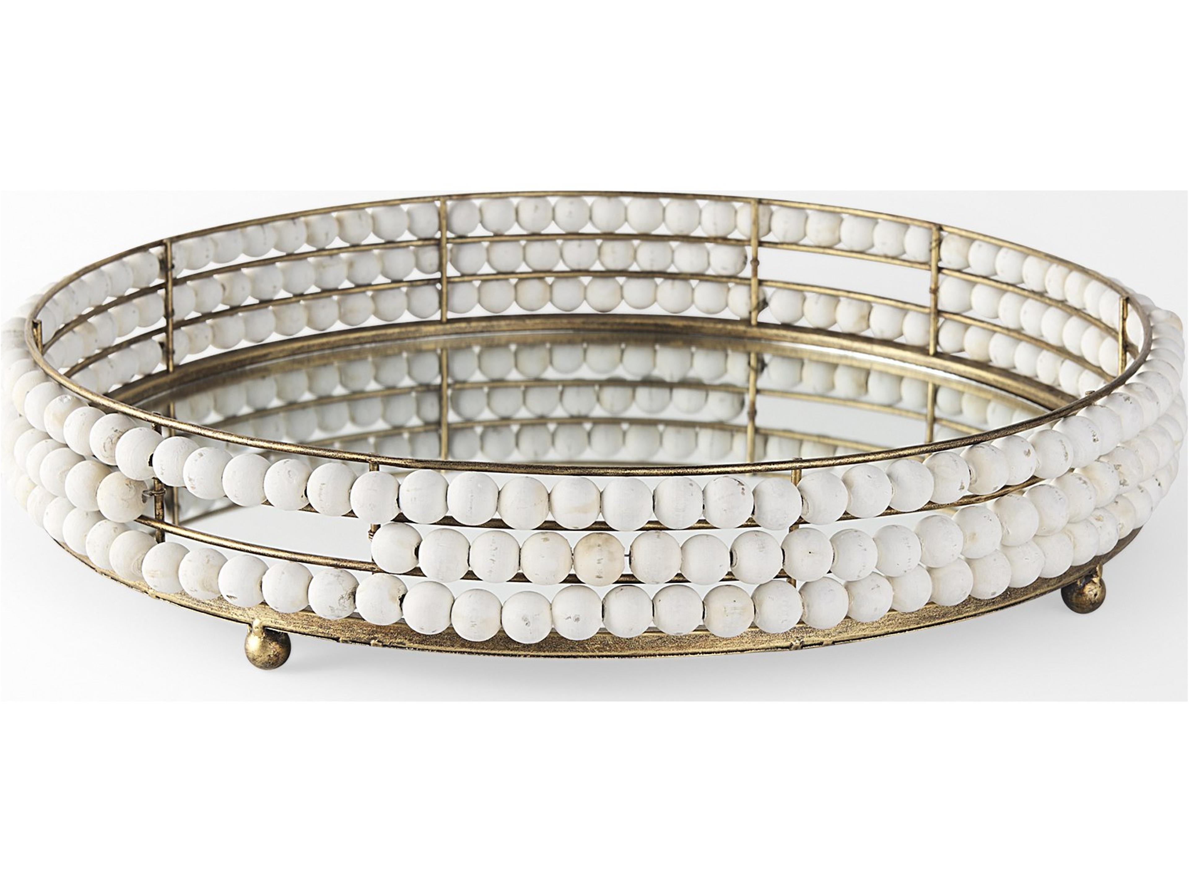 Mercana Decatur I 21L x 21W White Wooden Bead Mirrored Bottom Round Tray