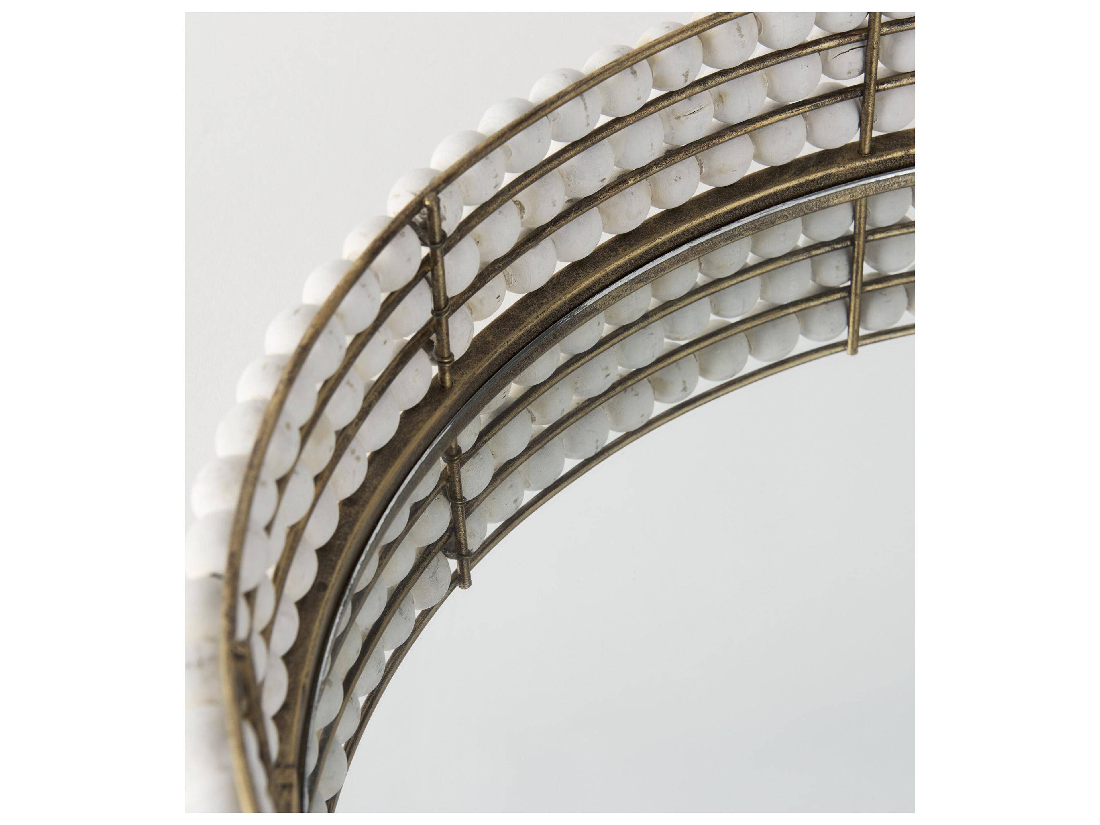 Mercana Decatur I 21L x 21W White Wooden Bead Mirrored Bottom Round Tray