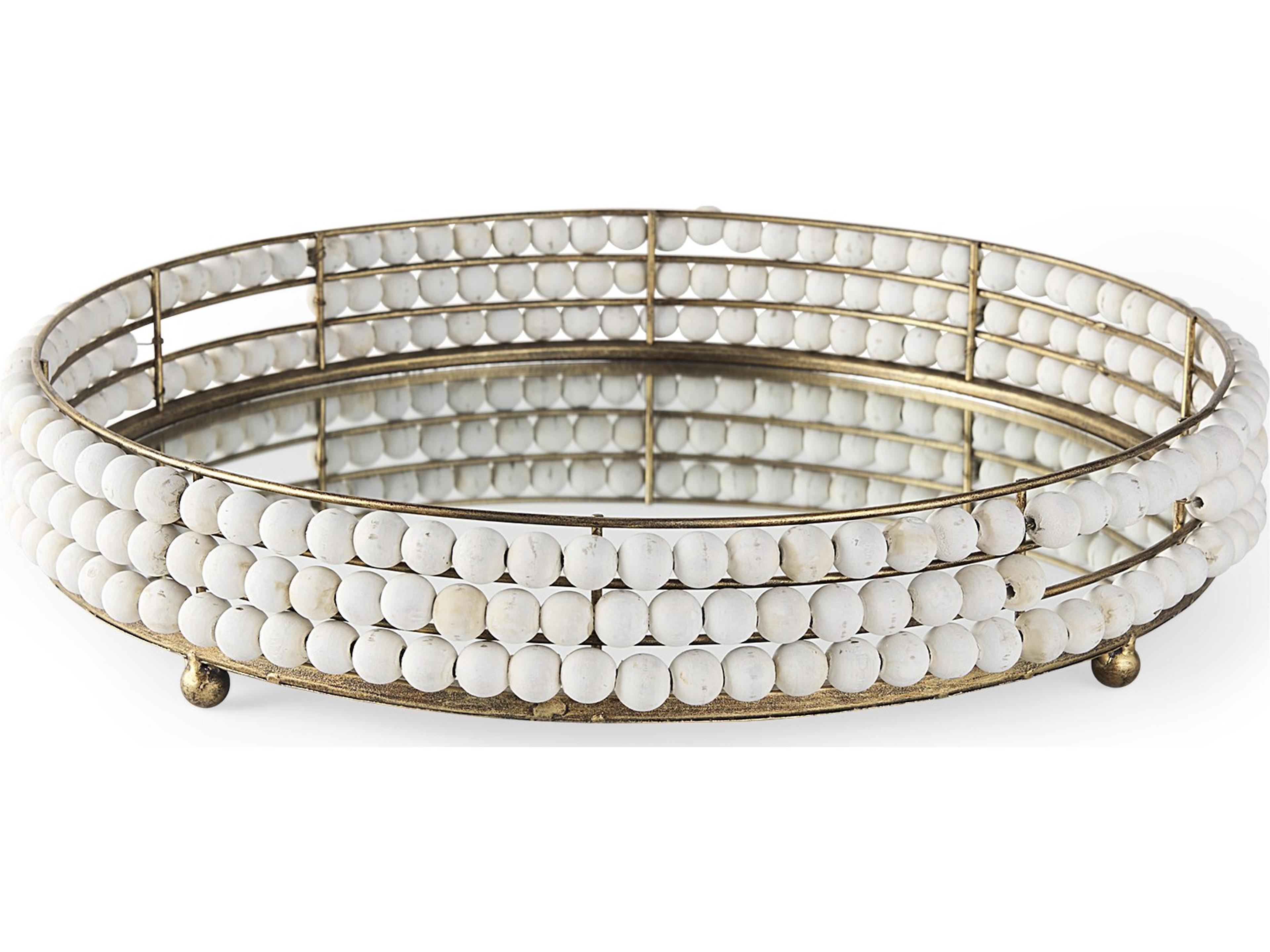 Decatur I 21L x 21W White Wooden Bead Mirrored Bottom Round Tray