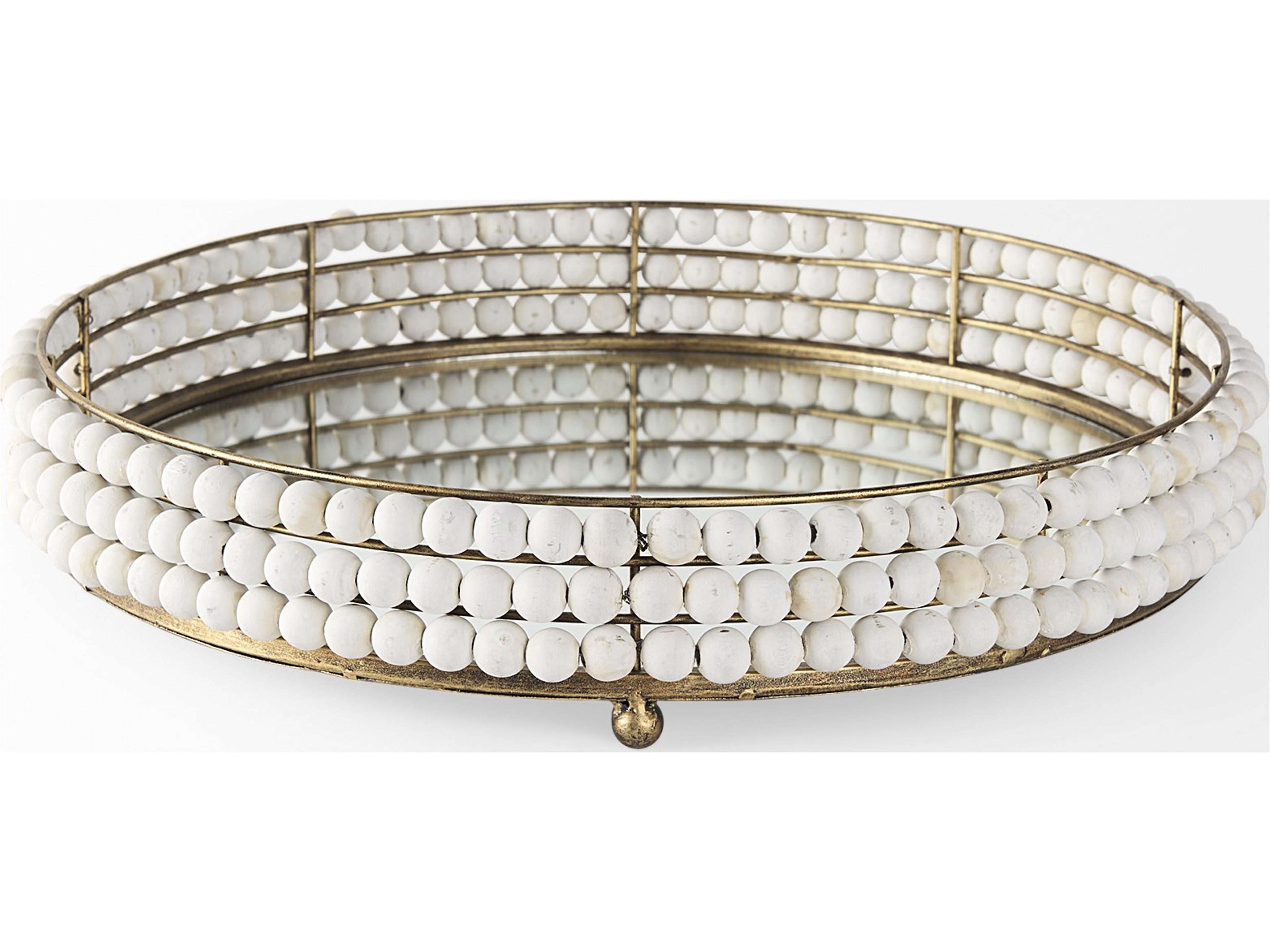 Mercana Decatur I 21L x 21W White Wooden Bead Mirrored Bottom Round Tray