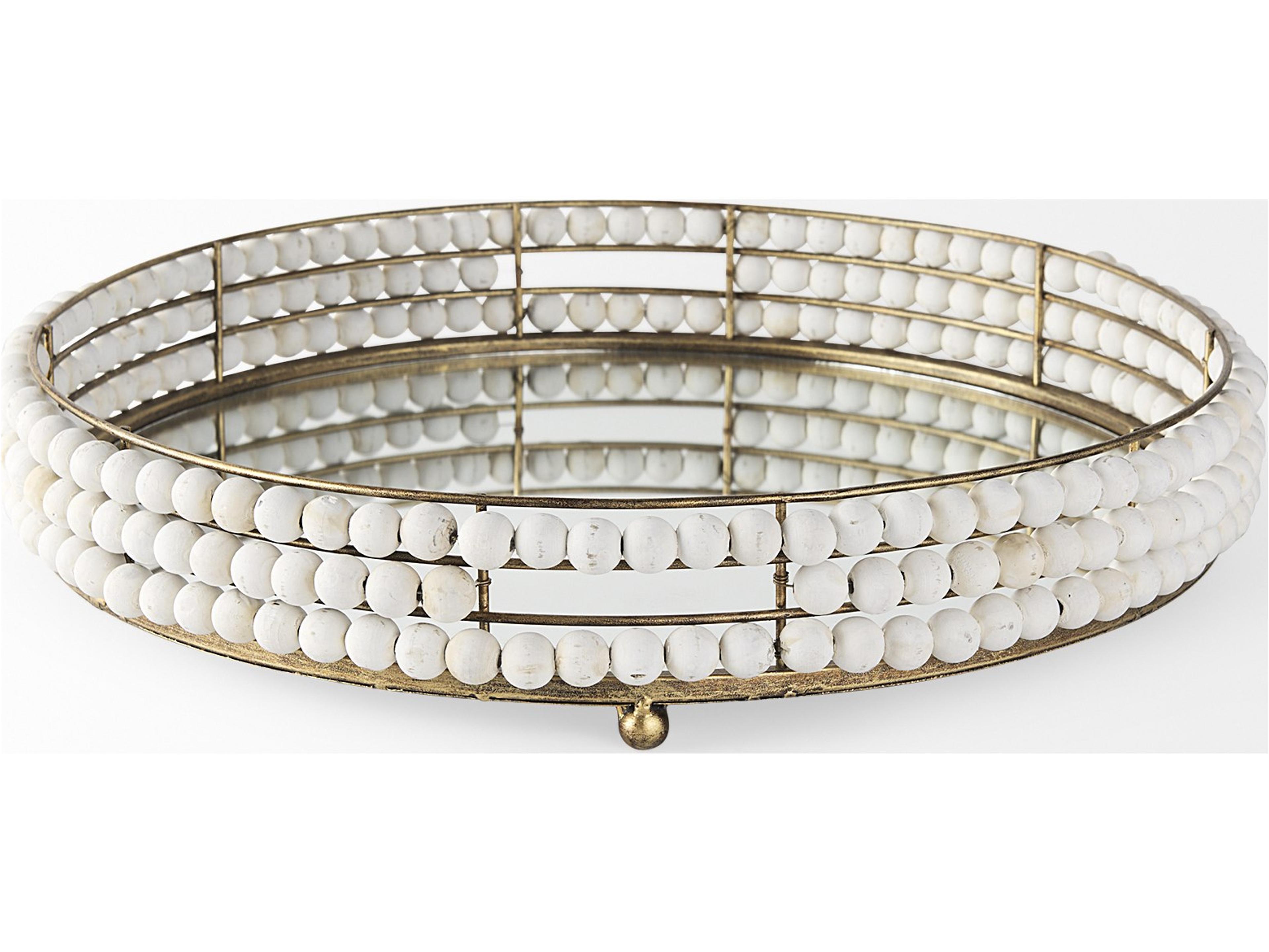 Mercana Decatur I 21L x 21W White Wooden Bead Mirrored Bottom Round Tray