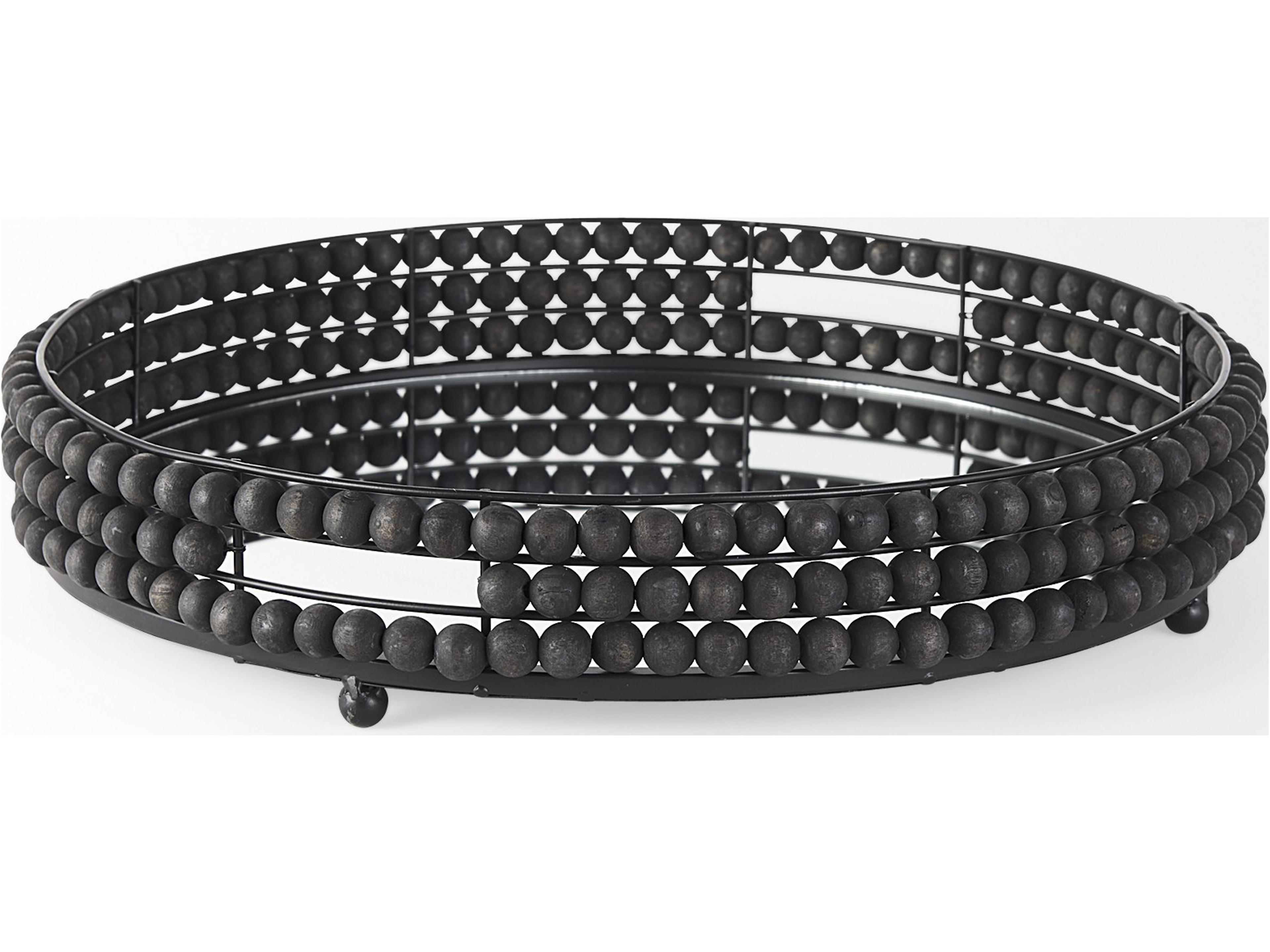 Mercana Decatur II 21L x 21W Black Wooden Bead Mirrored Bottom Round Tray