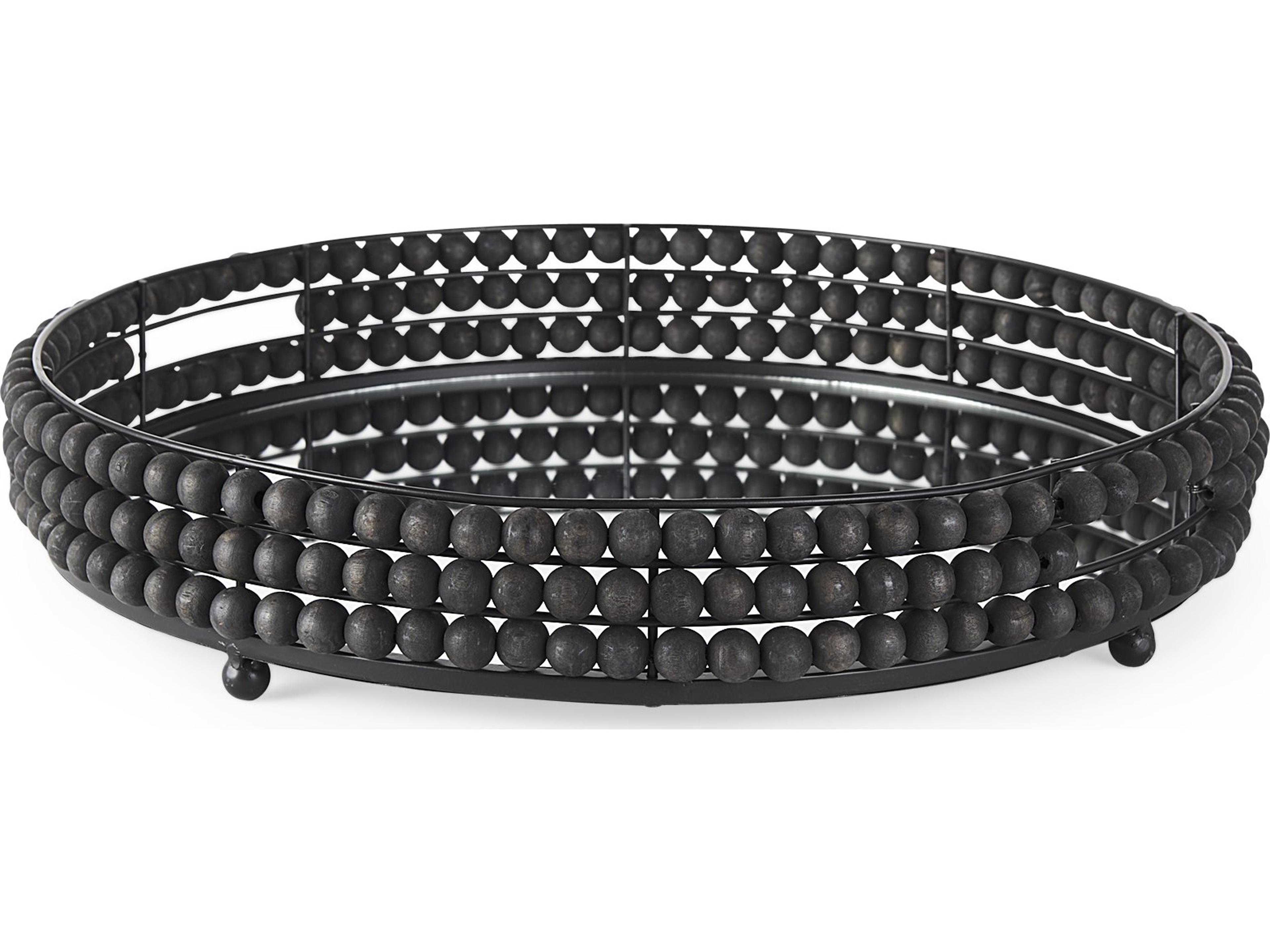 Decatur II 21L x 21W Black Wooden Bead Mirrored Bottom Round Tray