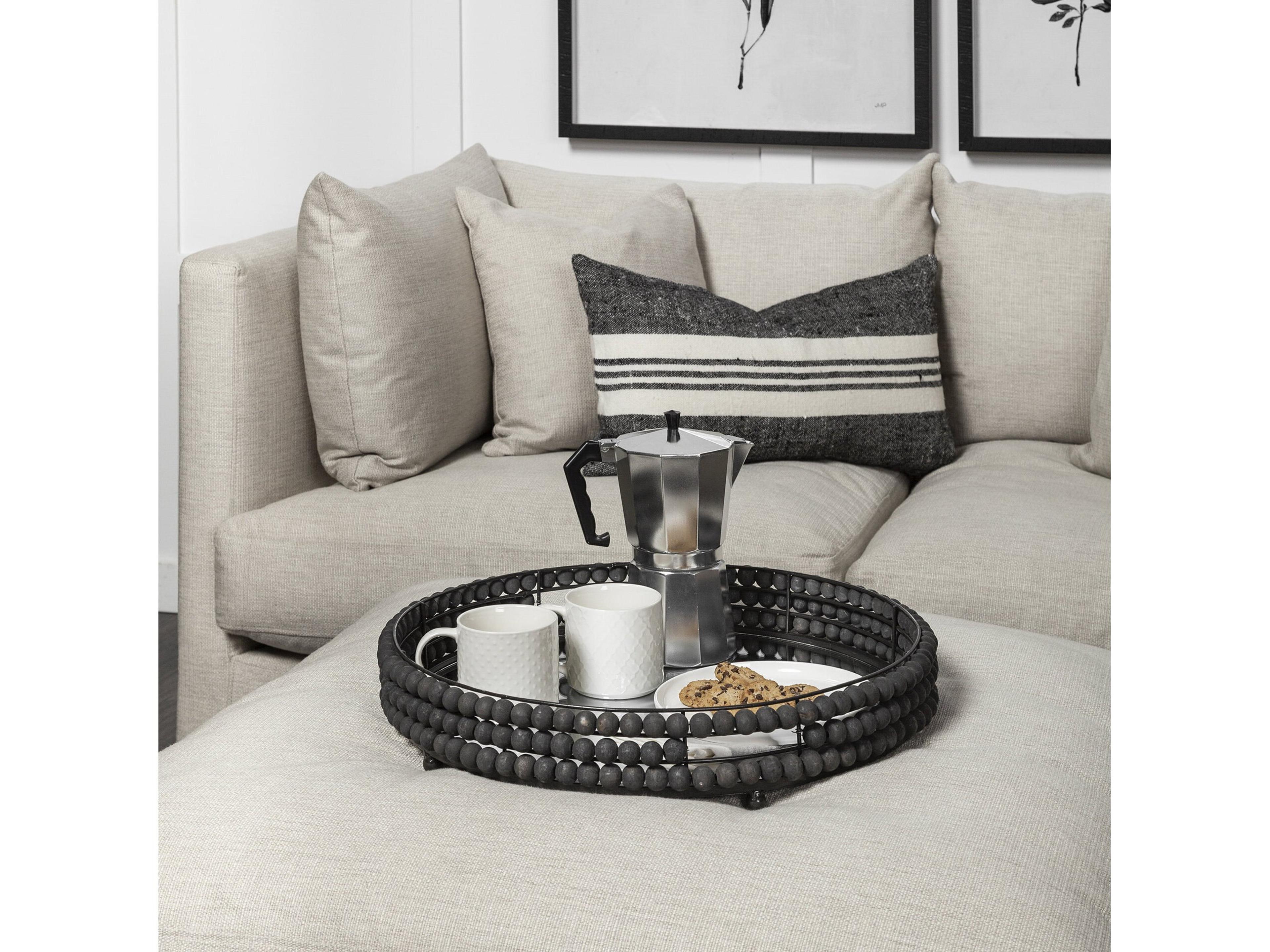 Mercana Decatur II 21L x 21W Black Wooden Bead Mirrored Bottom Round Tray