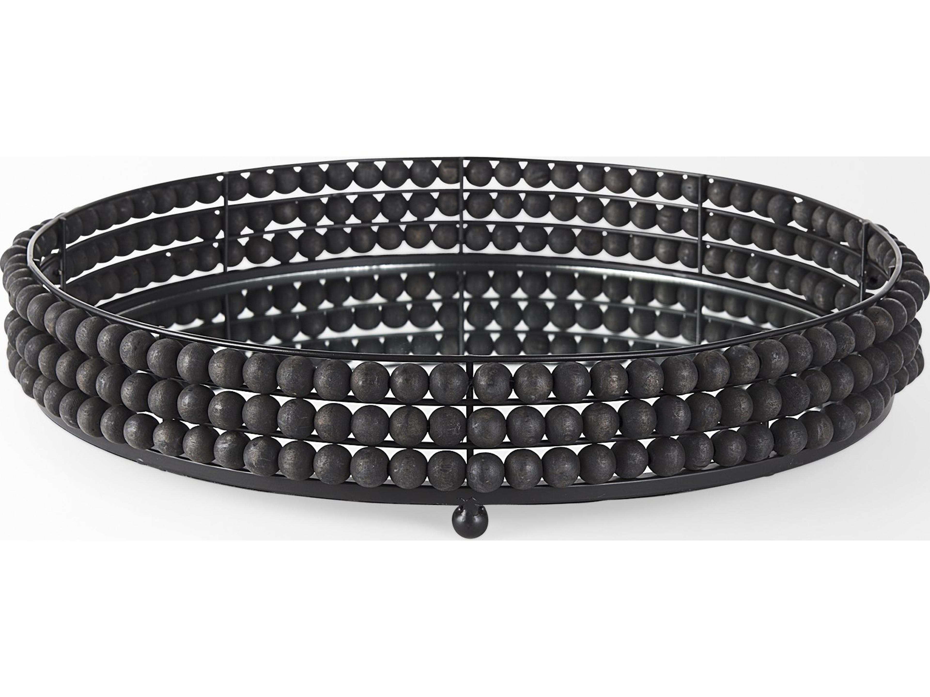 Mercana Decatur II 21L x 21W Black Wooden Bead Mirrored Bottom Round Tray