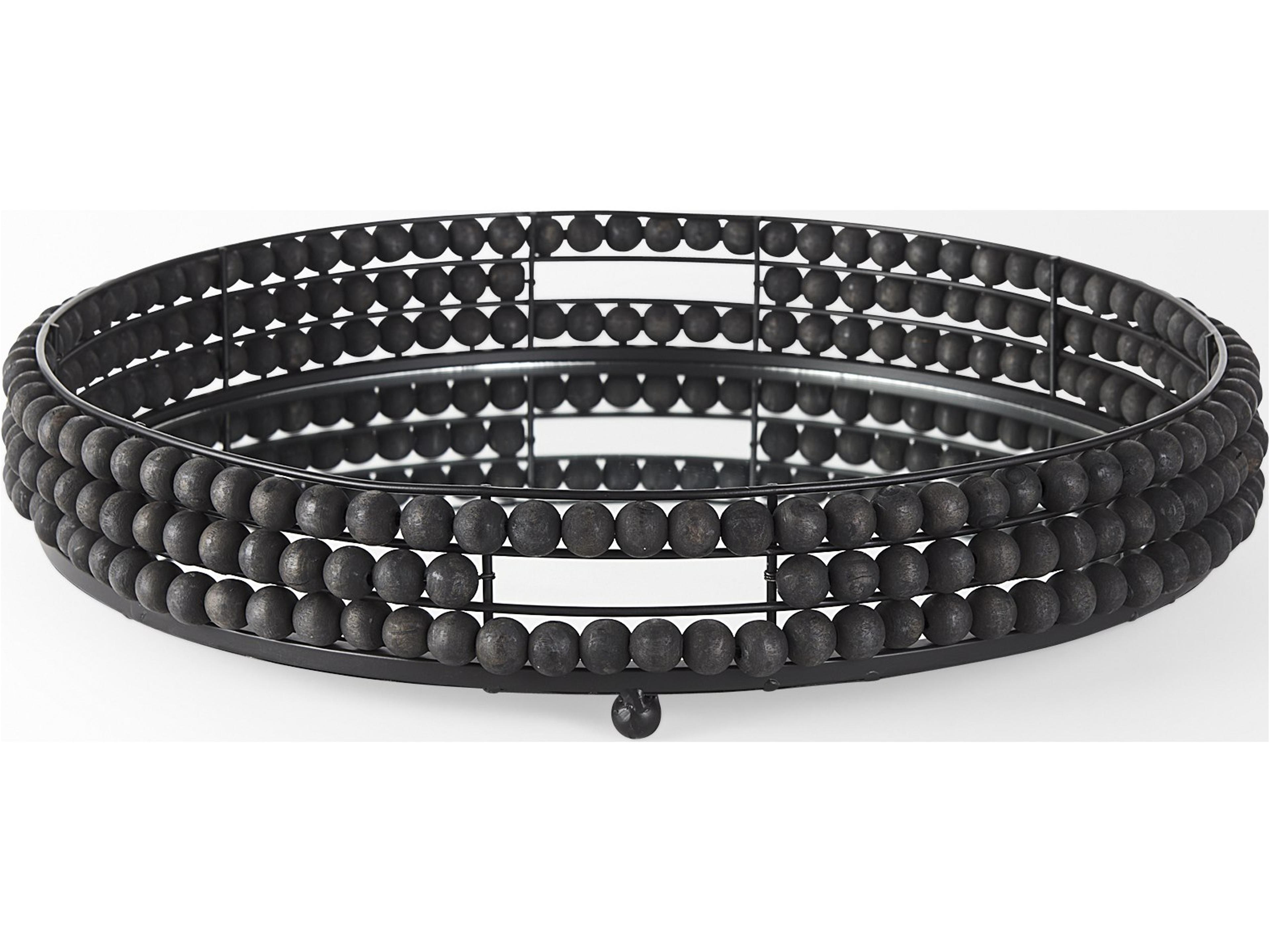 Mercana Decatur II 21L x 21W Black Wooden Bead Mirrored Bottom Round Tray